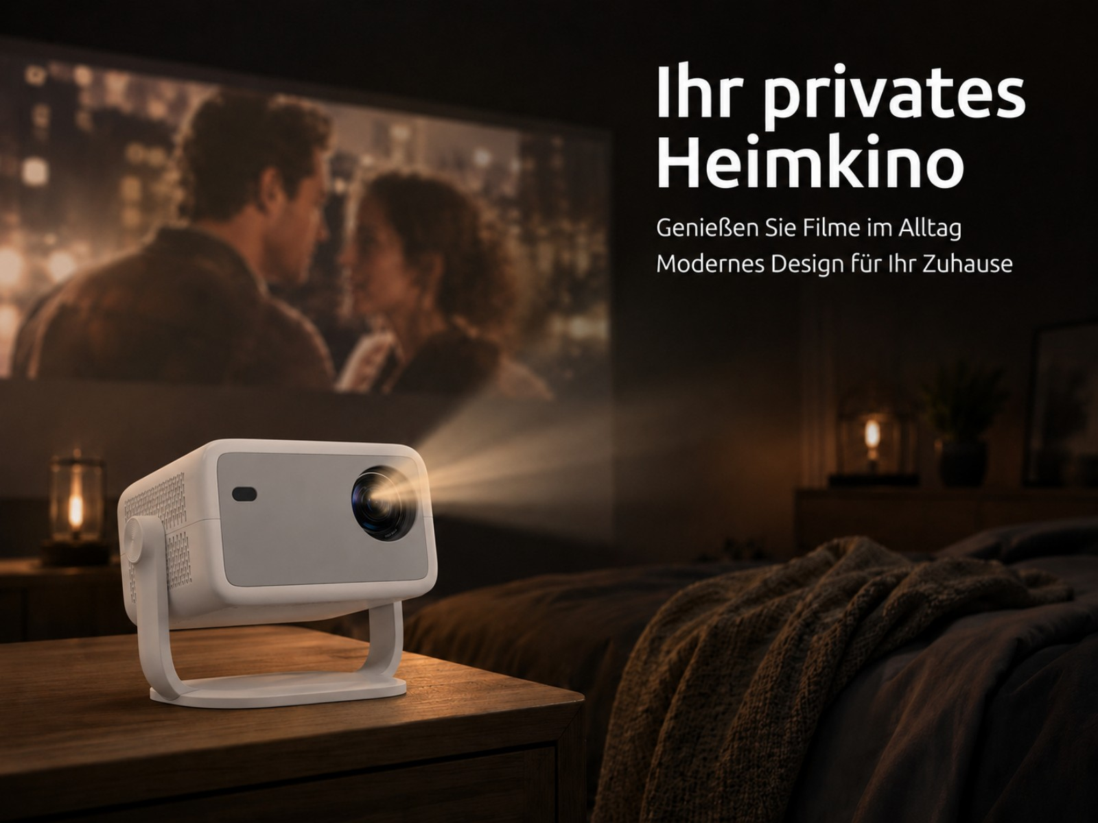 Ein moderner Projektor wirft ein Bild auf einen Bildschirm in einem dunklen Raum.