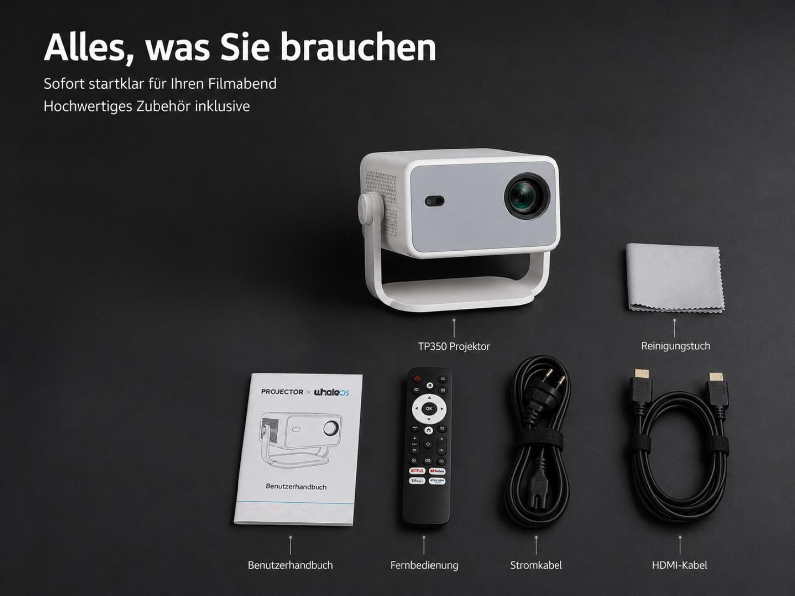 Ein weißer Projektor mit Zubehör: Fernbedienung, Kabel, Tuch und Handbuch.