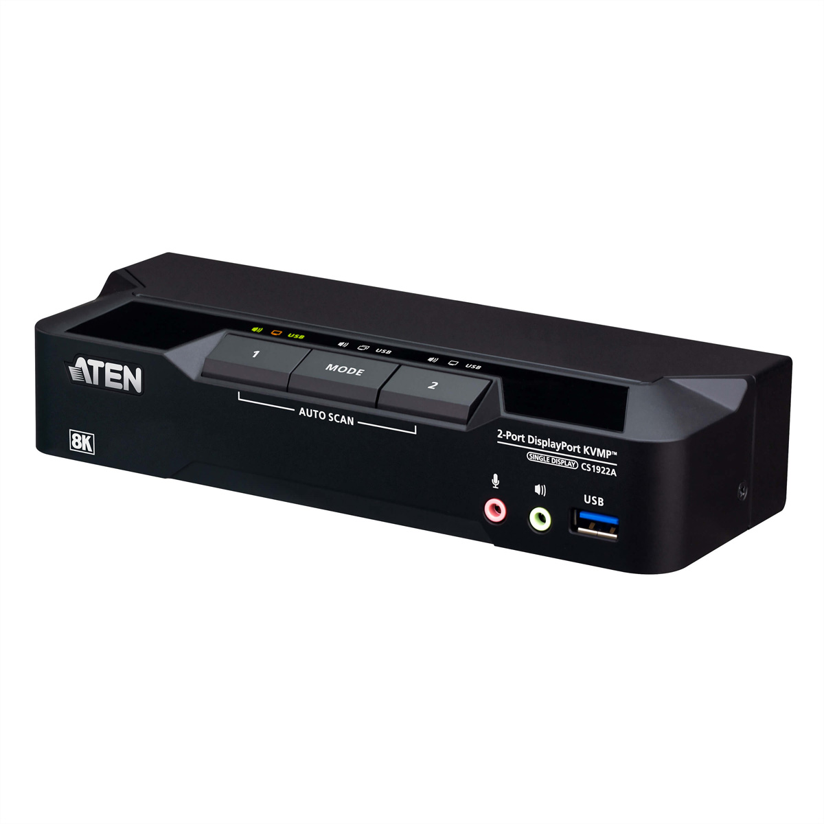 Ein schwarzer ATEN 2-Port DisplayPort KVMP-Switch mit 8K-Unterstützung und USB-Anschlüssen.