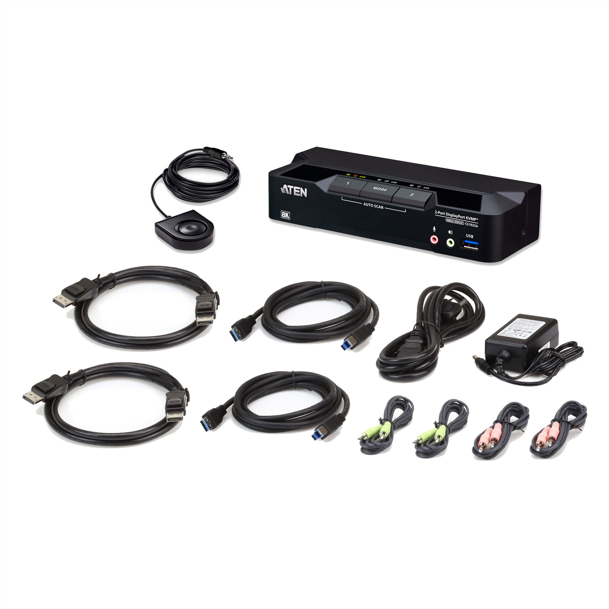 Schwarzer ATEN 2-Port DisplayPort 8K KVMP-Switch mit Kabeln, Fernbedienung und Netzteil.