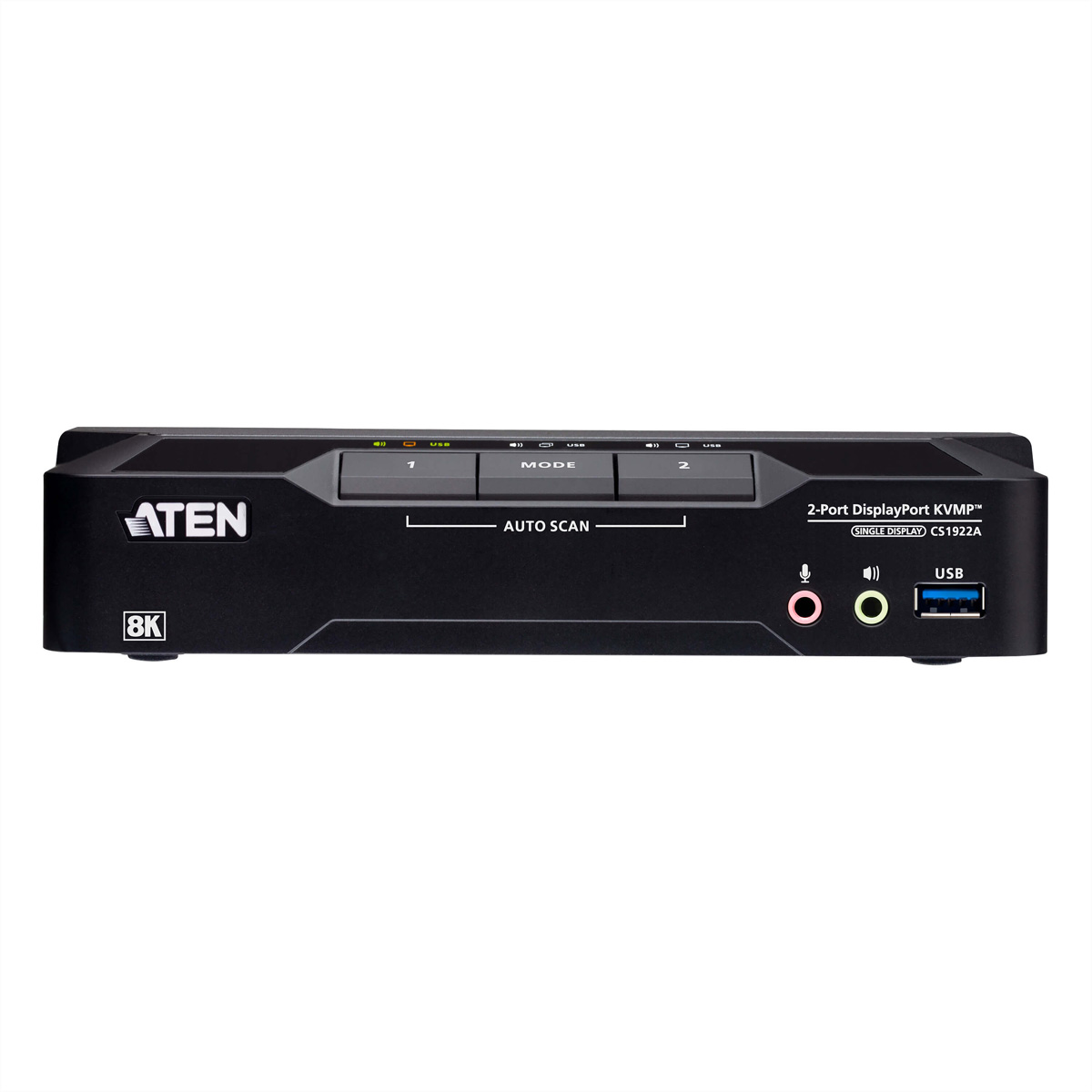 Schwarzes ATEN 2-Port DisplayPort KVMP-Gerät mit 8K-Logo und Anschlüssen.