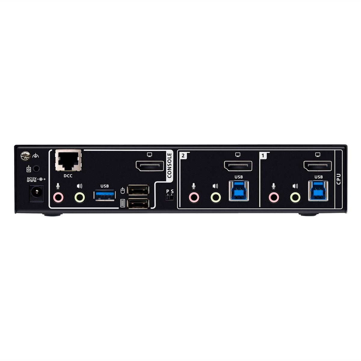 Schwarzes KVM-Switch-Panel mit Anschlüssen: DC, DCC, USB, HDMI, Audio, Mikrofon.