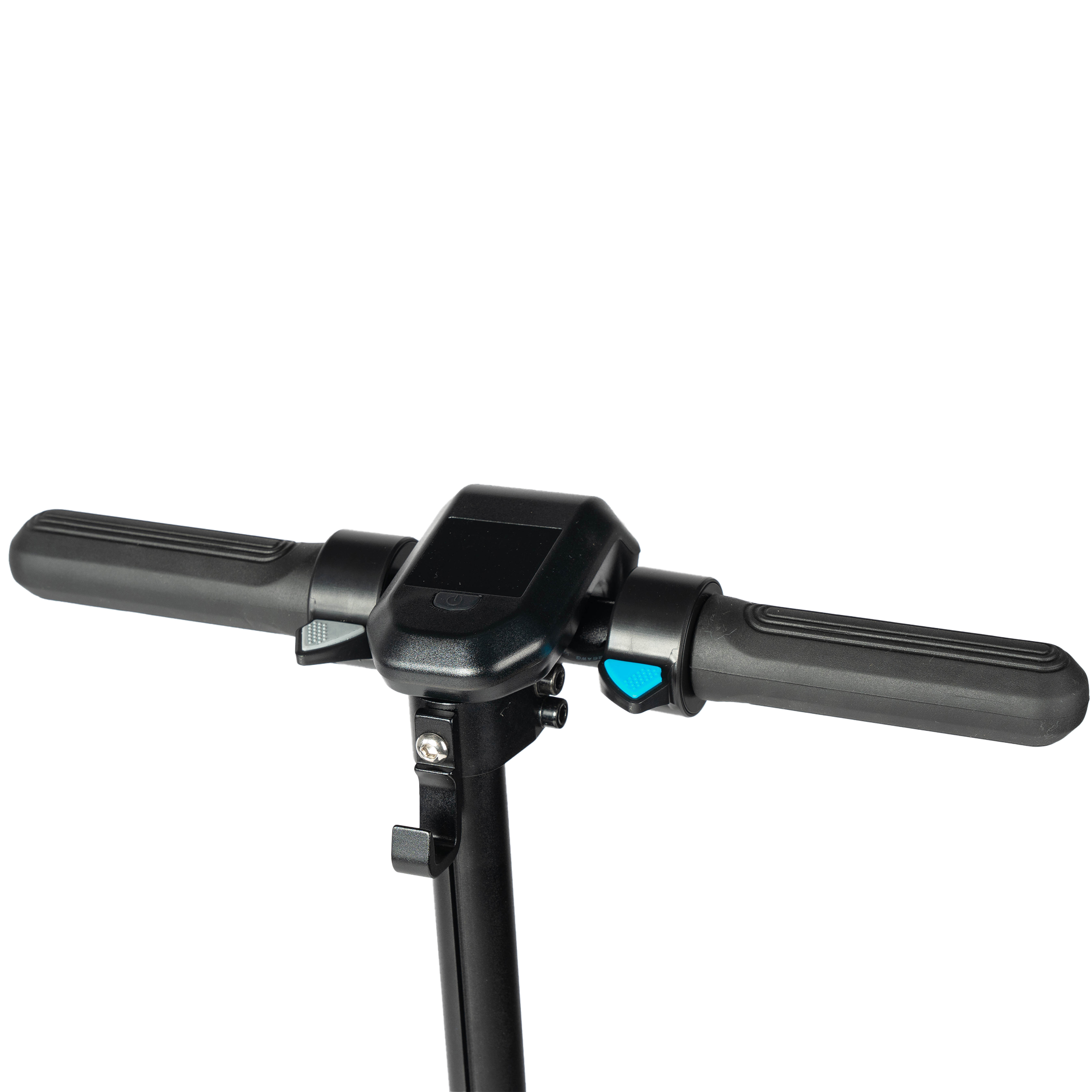 Nahaufnahme des Lenkers eines schwarzen Elektrorollers mit Display und blauen Bedienelementen.
