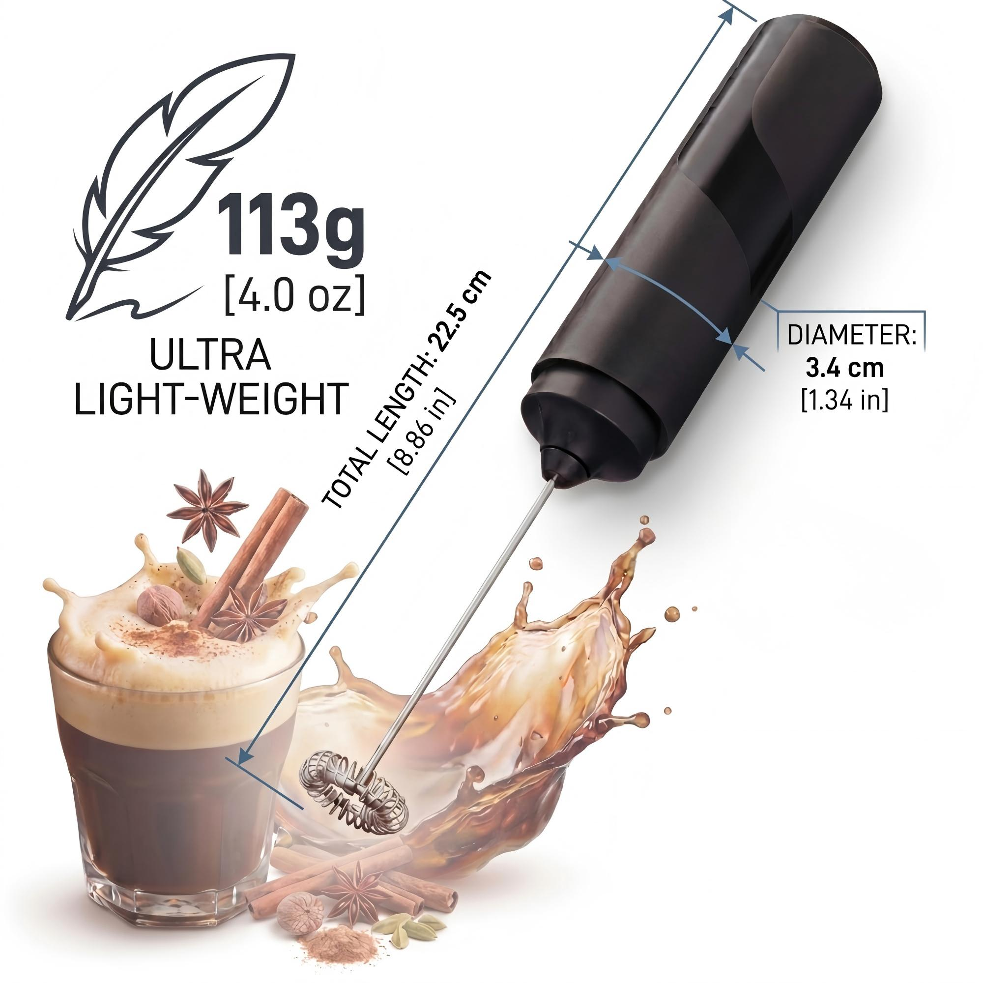 Ein ultra-leichter Stabmixer (113g) mit 22,5cm Länge, der einen cremigen Kaffee aufschäumt.