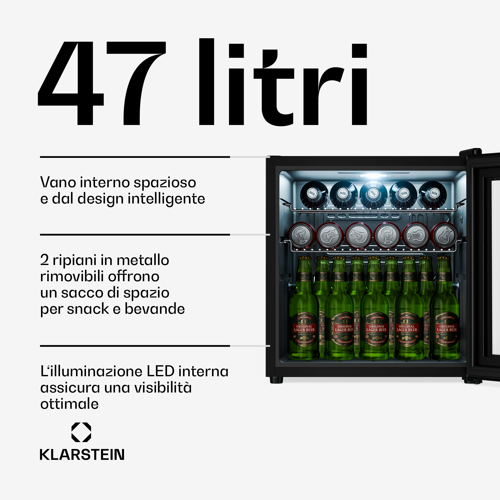 Mini-Kühlschrank mit 47 Litern Fassungsvermögen, gefüllt mit Bierflaschen und Dosen.