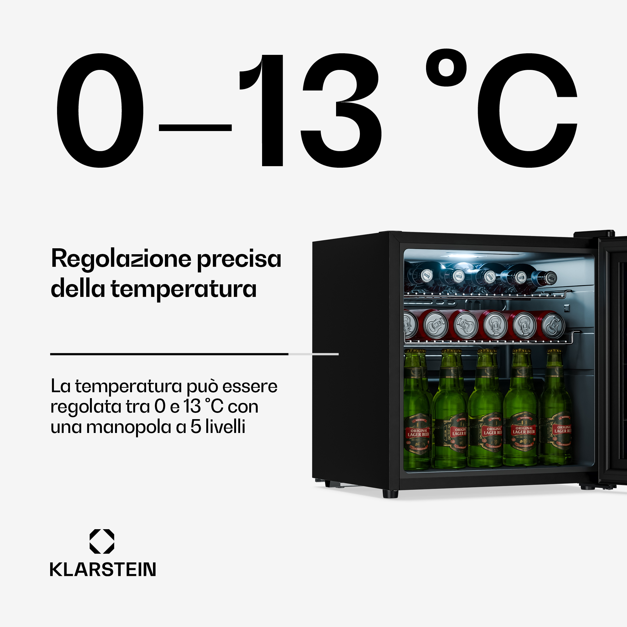 Ein schwarzer Kühlschrank mit Flaschen und Dosen, Temperaturanzeige 0-13°C.