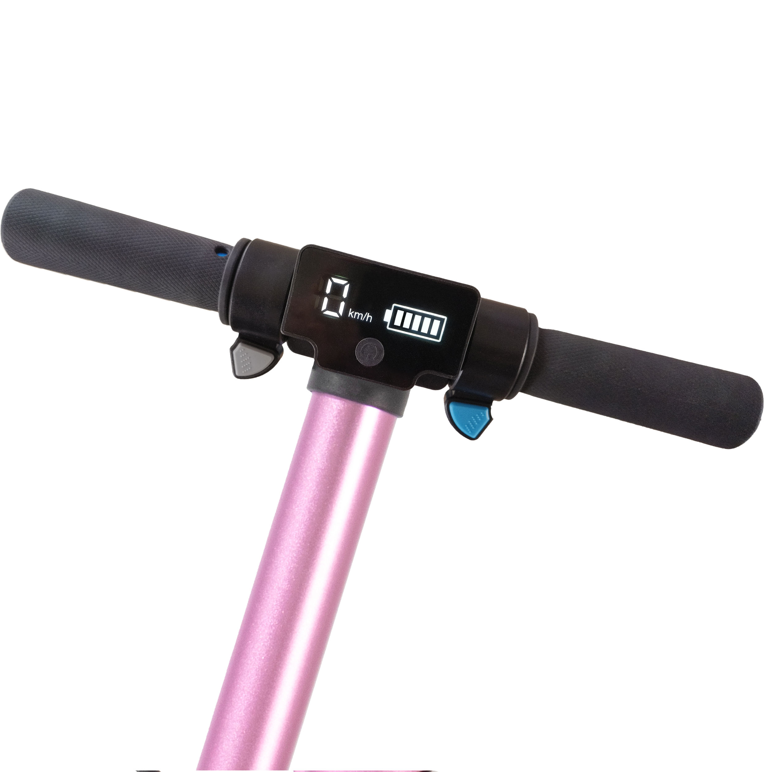 Rosa Rollerlenker mit Display, das 0 km/h und Akku anzeigt.
