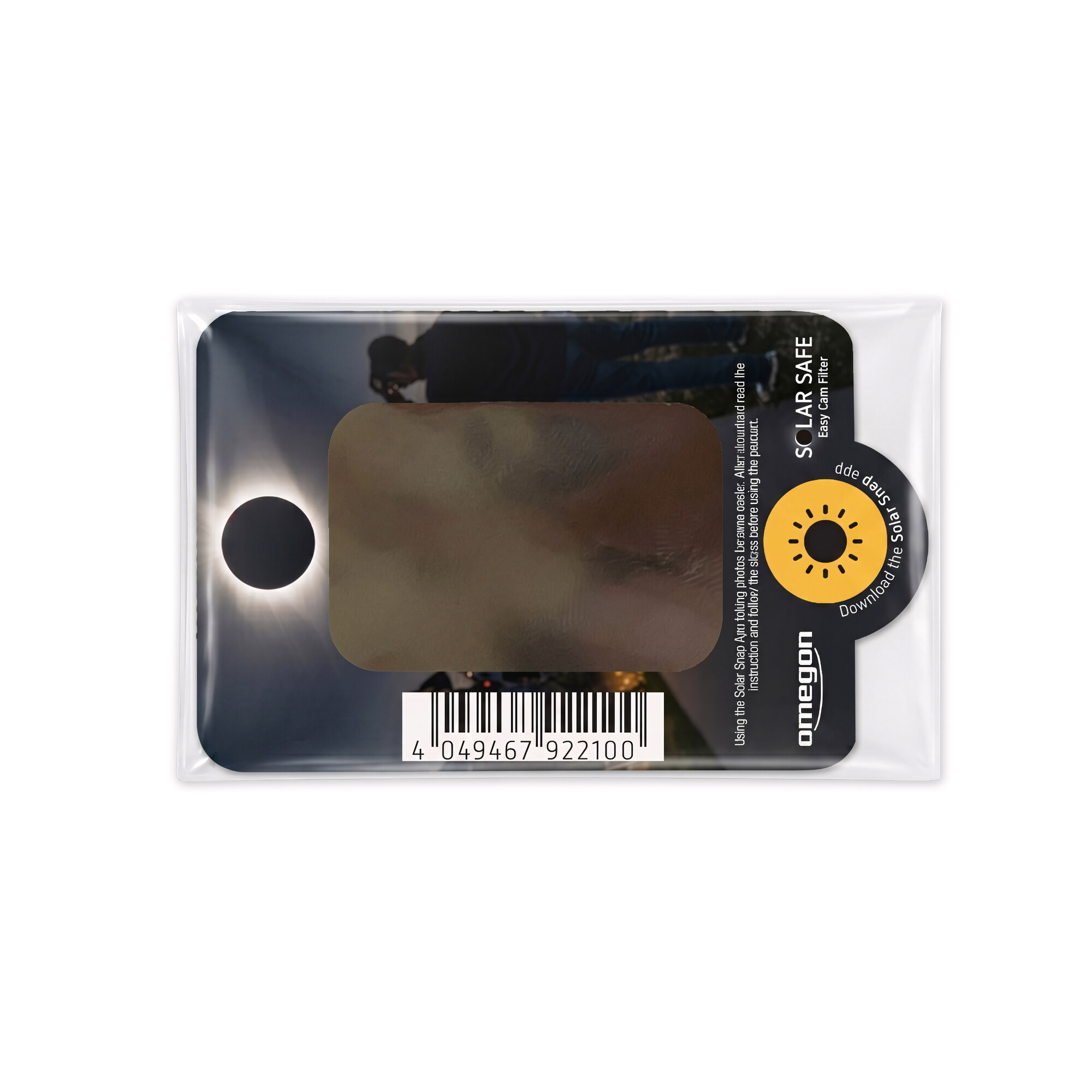 Eine Solar Safe Easy Cam Filter Karte mit einem Bild einer Sonnenfinsternis und Barcode.