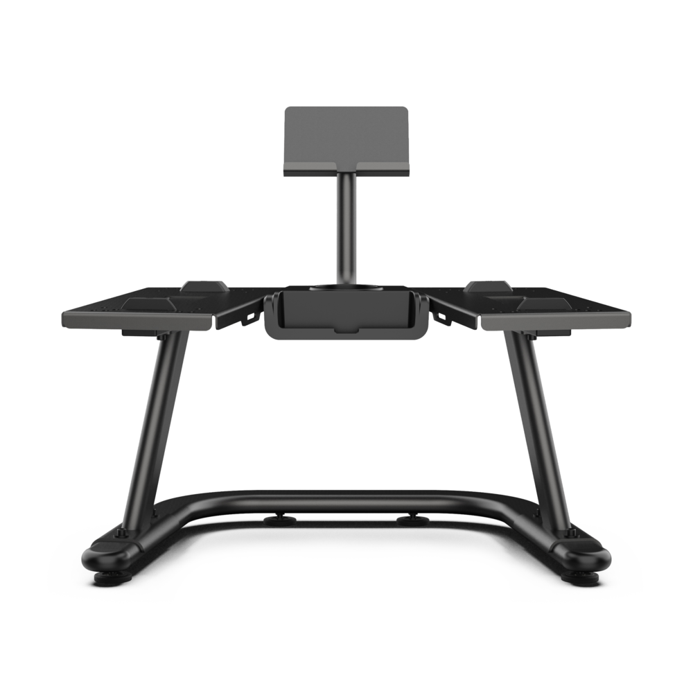 Ein schwarzer Schreibtisch mit einer Tablet-Halterung und zwei ausklappbaren Ablageflächen.