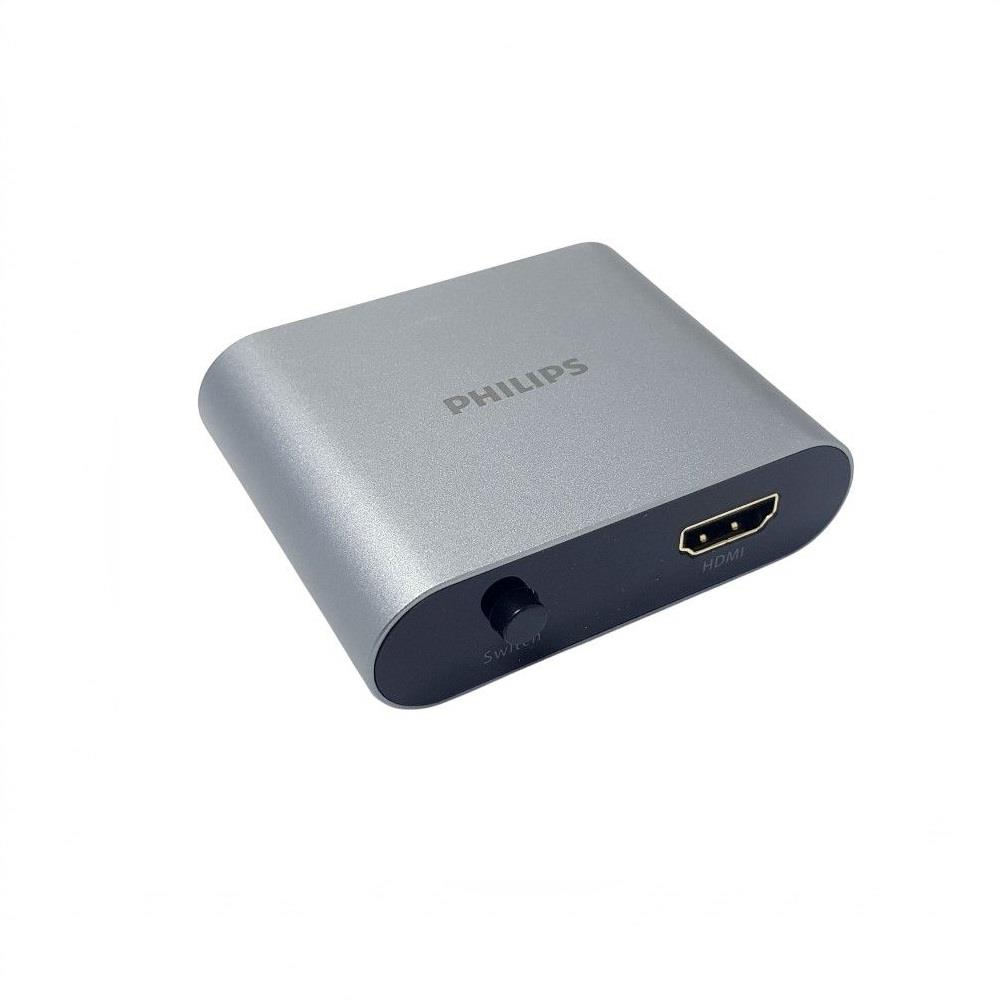 Siyah düğmeli gri Philips HDMI anahtarı ve HDMI bağlantı noktası.