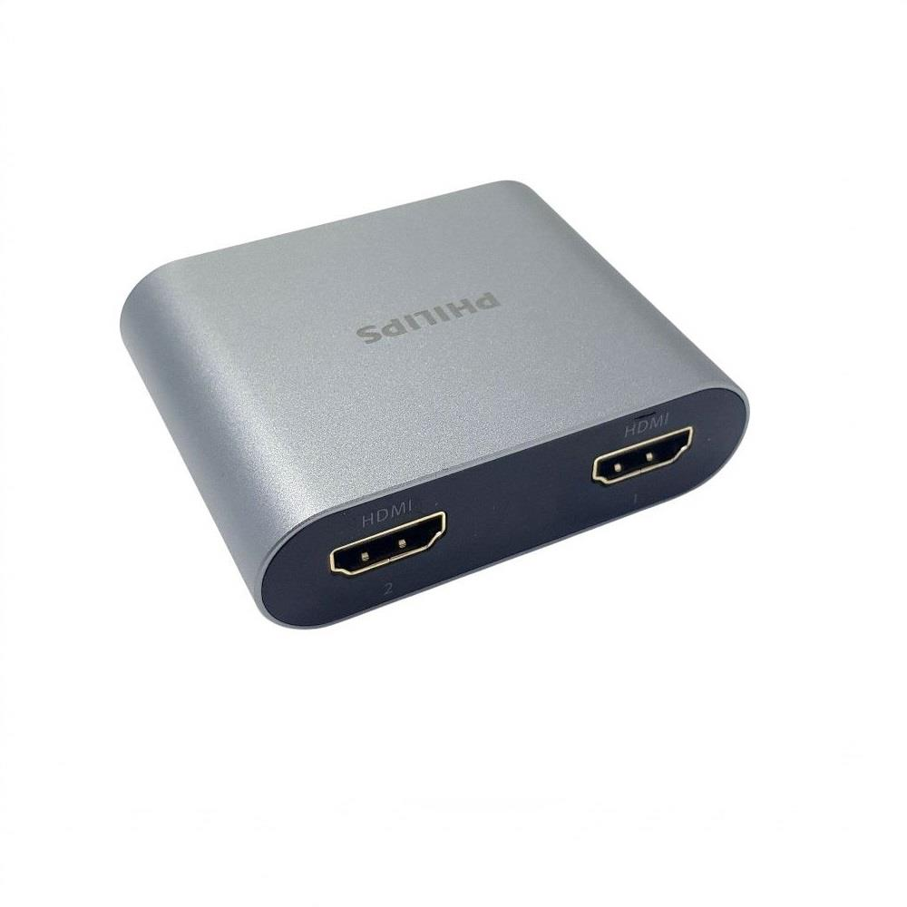 Beyaz arka planda iki portlu gri Philips HDMI ayırıcı.