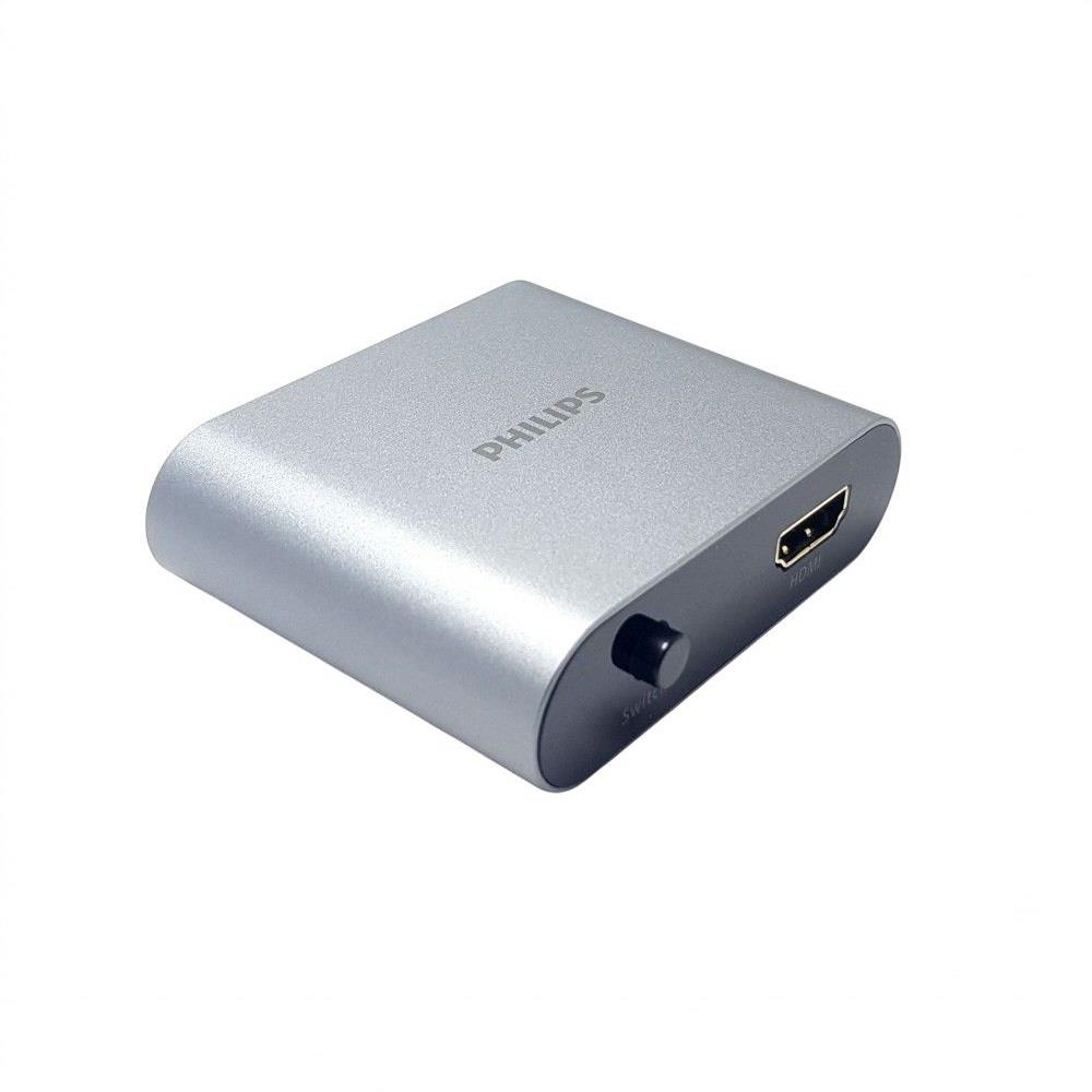 Tek düğmeli ve tek HDMI bağlantı noktalı gümüş Philips HDMI anahtarı.