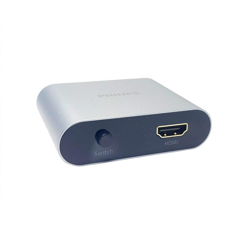Gümüş Philips HDMI anahtarı, anahtar düğmesi ve HDMI bağlantı noktası.