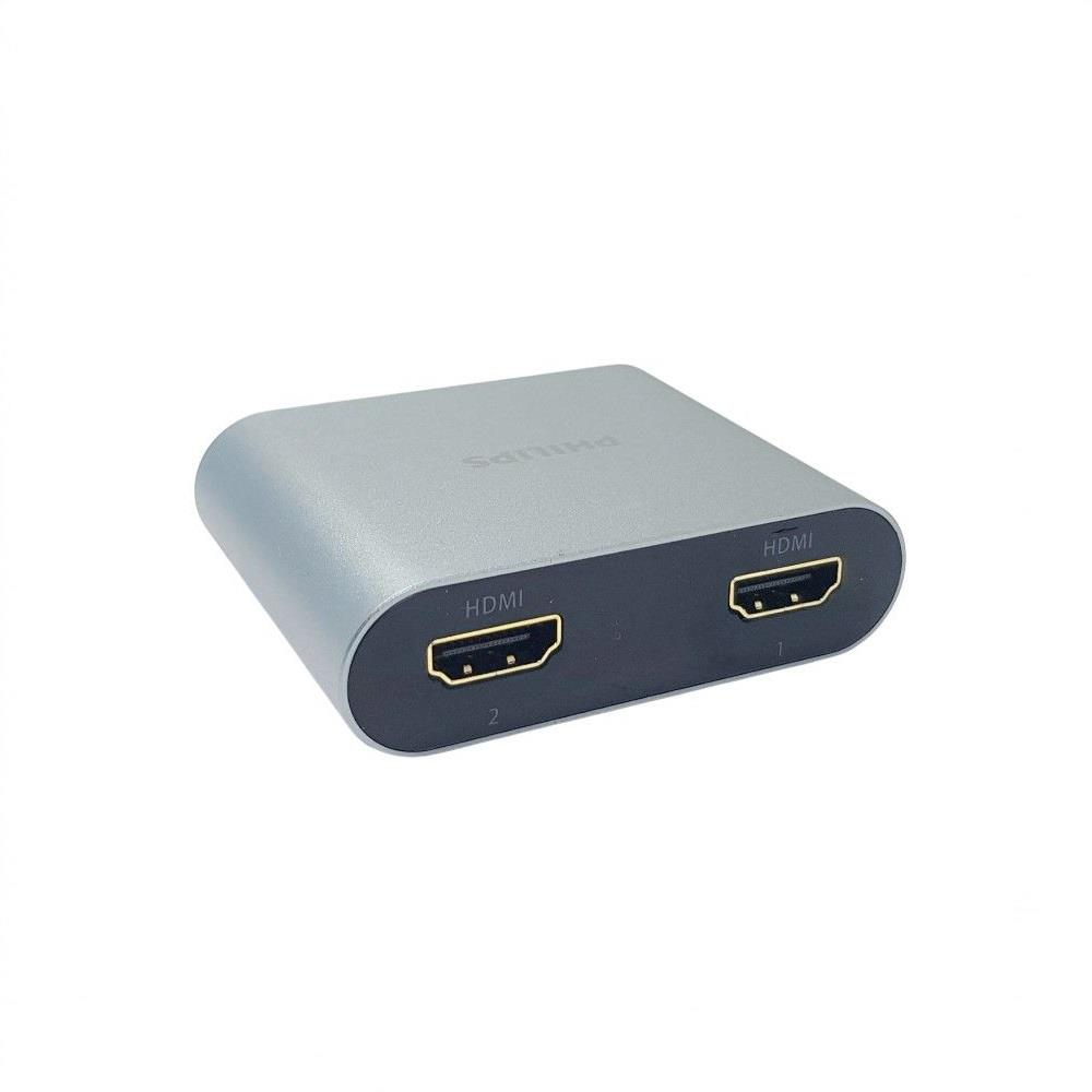 Beyaz arka plan üzerinde iki portlu gümüş Philips HDMI ayırıcı gösteriliyor.