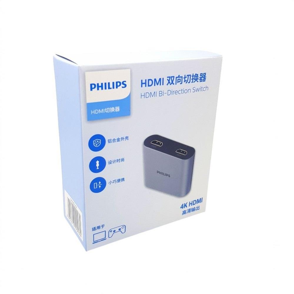 HDMI bağlantı noktaları ve metin etiketleri bulunan Philips HDMI Bi-Direction Switch kutusu.
