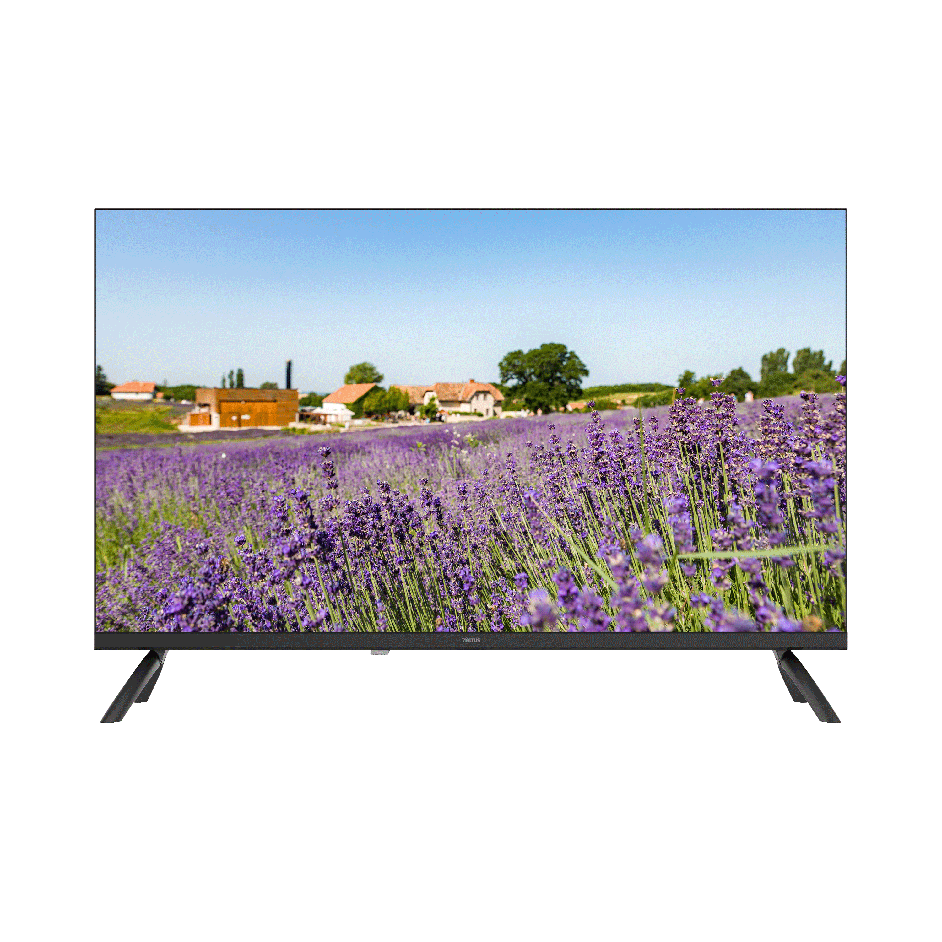 Modern bir TV, arkada evler ve ağaçlar bulunan canlı bir lavanta tarlasını gösteriyor.