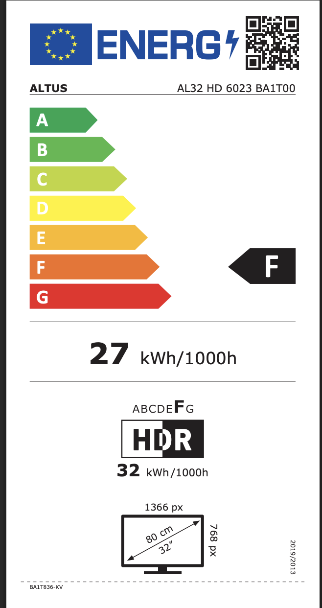 32 inç TV için enerji verimliliği etiketi, 27 kWh/1000h tüketim.