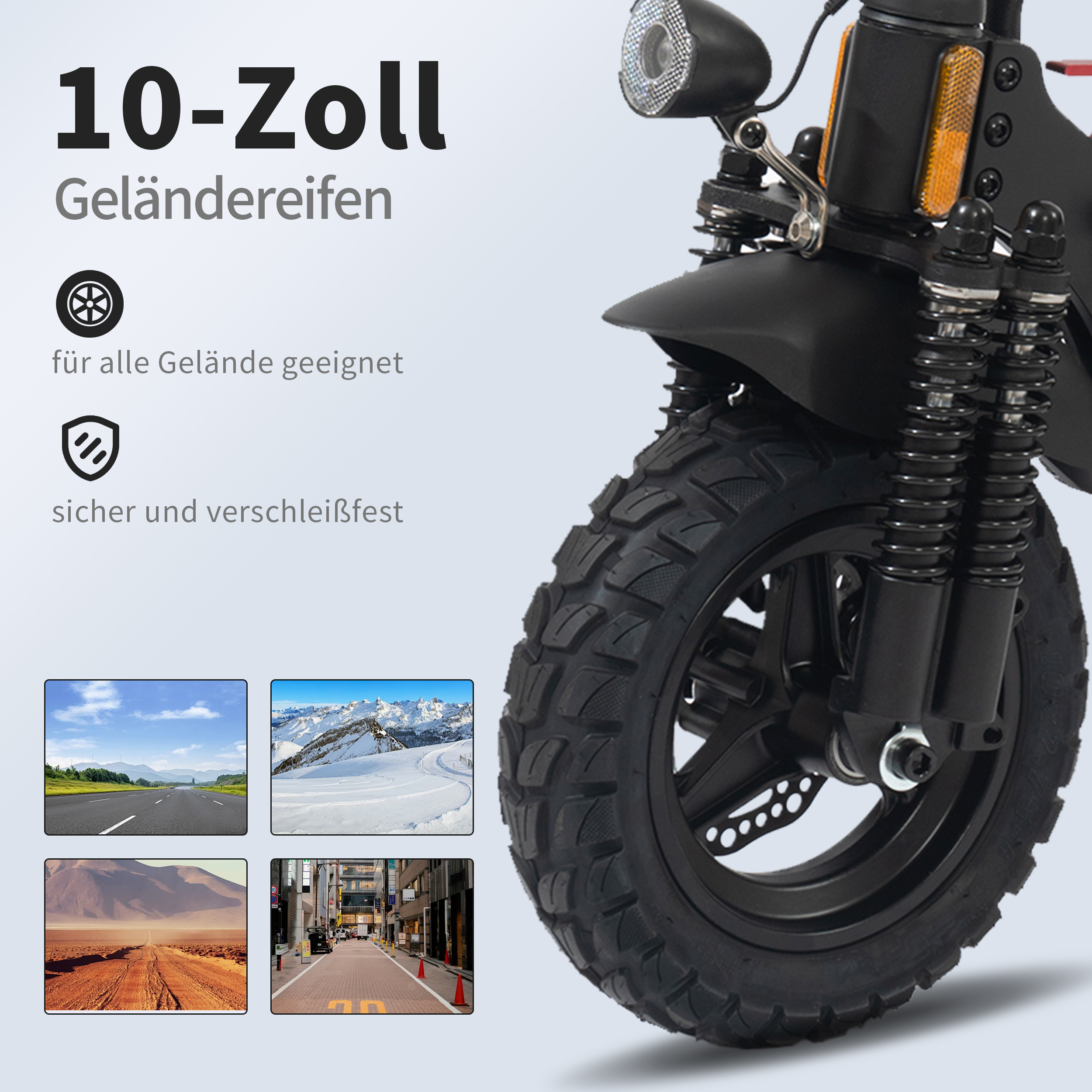 10-Zoll Geländereifen: geeignet für alle Gelände, sicher und verschleißfest.