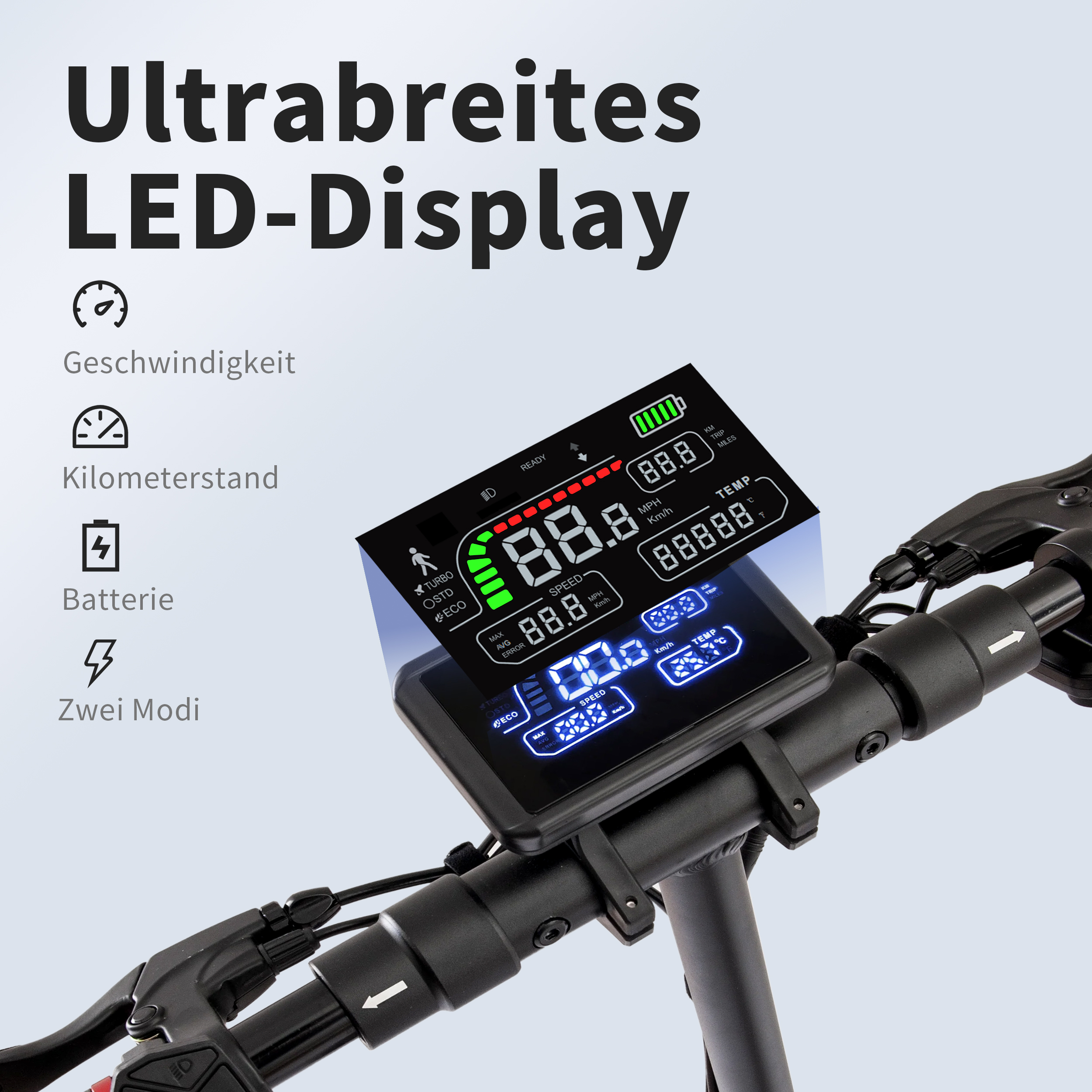Ein Elektroroller-Display zeigt Geschwindigkeit, Kilometerstand, Batterie und Modi an.