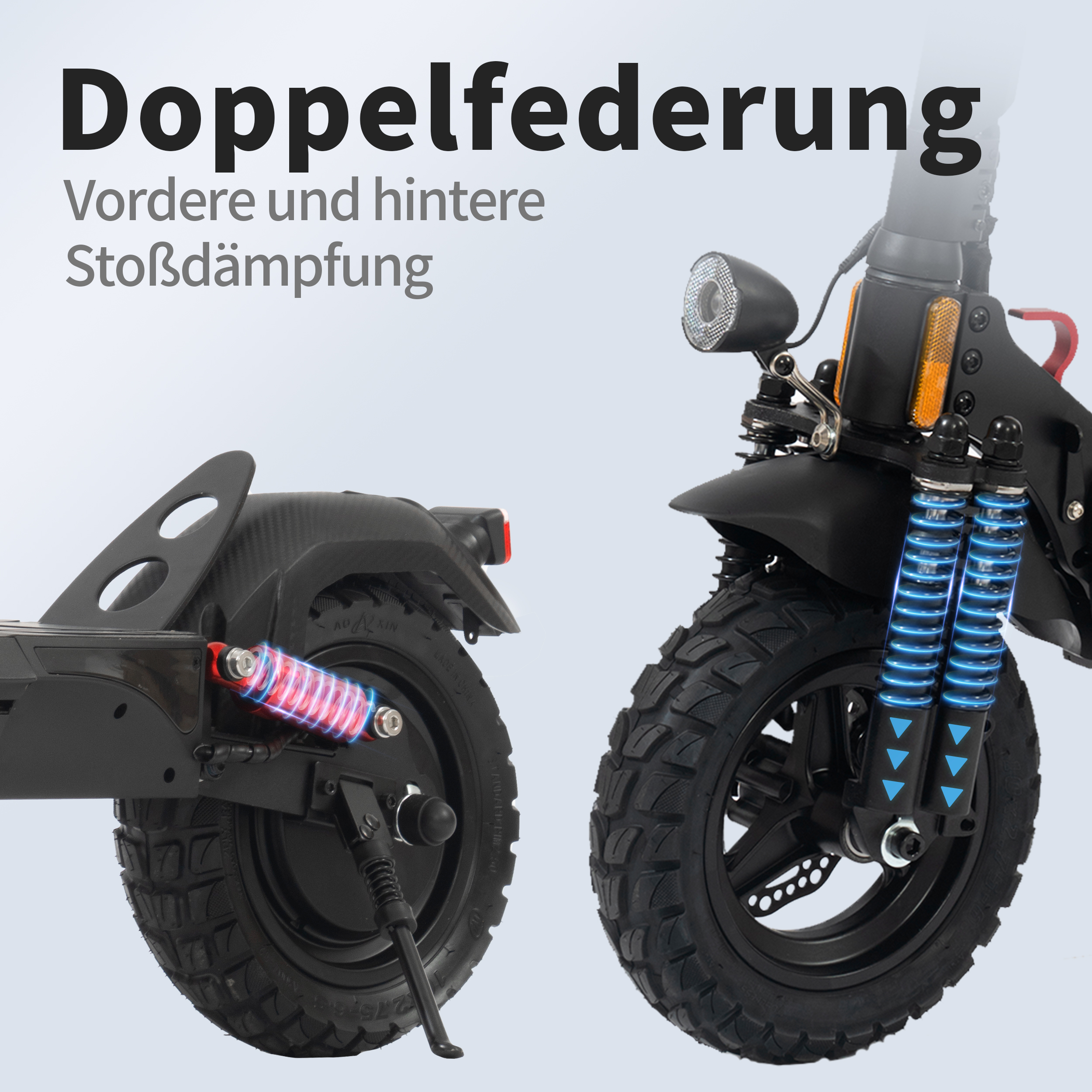 Nahaufnahme der vorderen und hinteren Federungssysteme eines schwarzen Rollers mit blau leuchtenden Spulen.