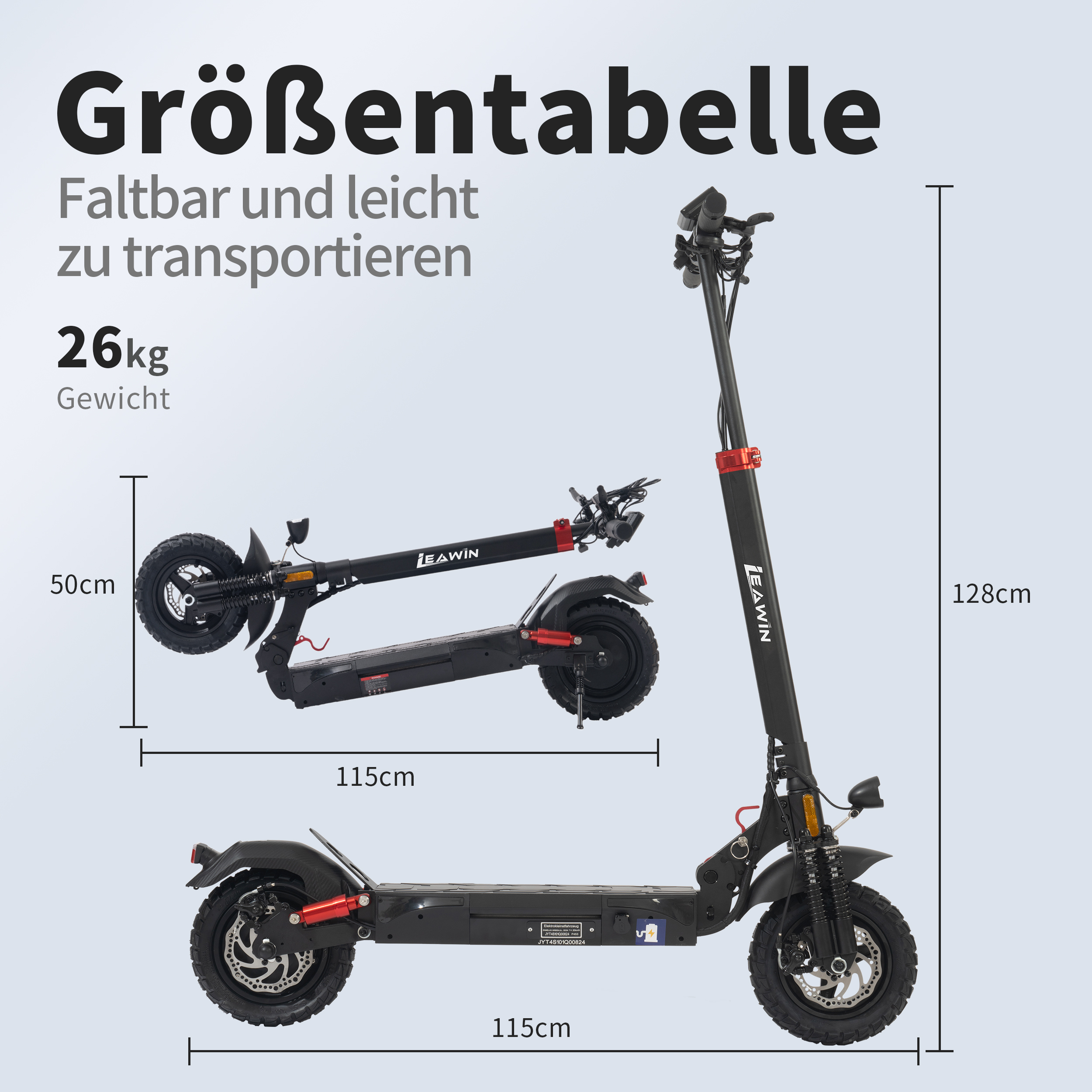 Größentabelle: Zusammenklappbarer E-Scooter, 26kg, 128cm hoch, 115cm lang.