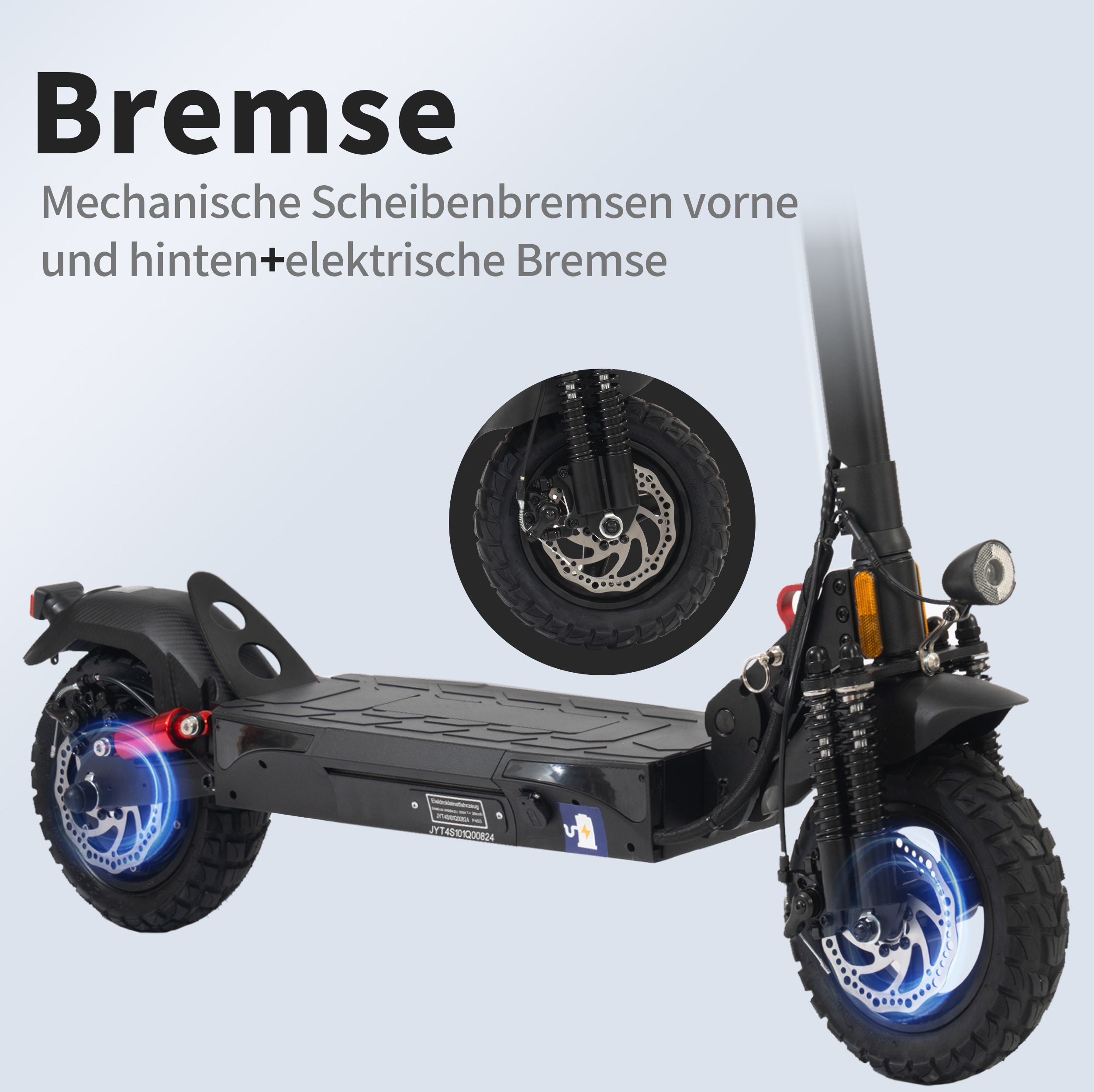 Ein schwarzer Elektroroller mit Scheibenbremsen und Federung.