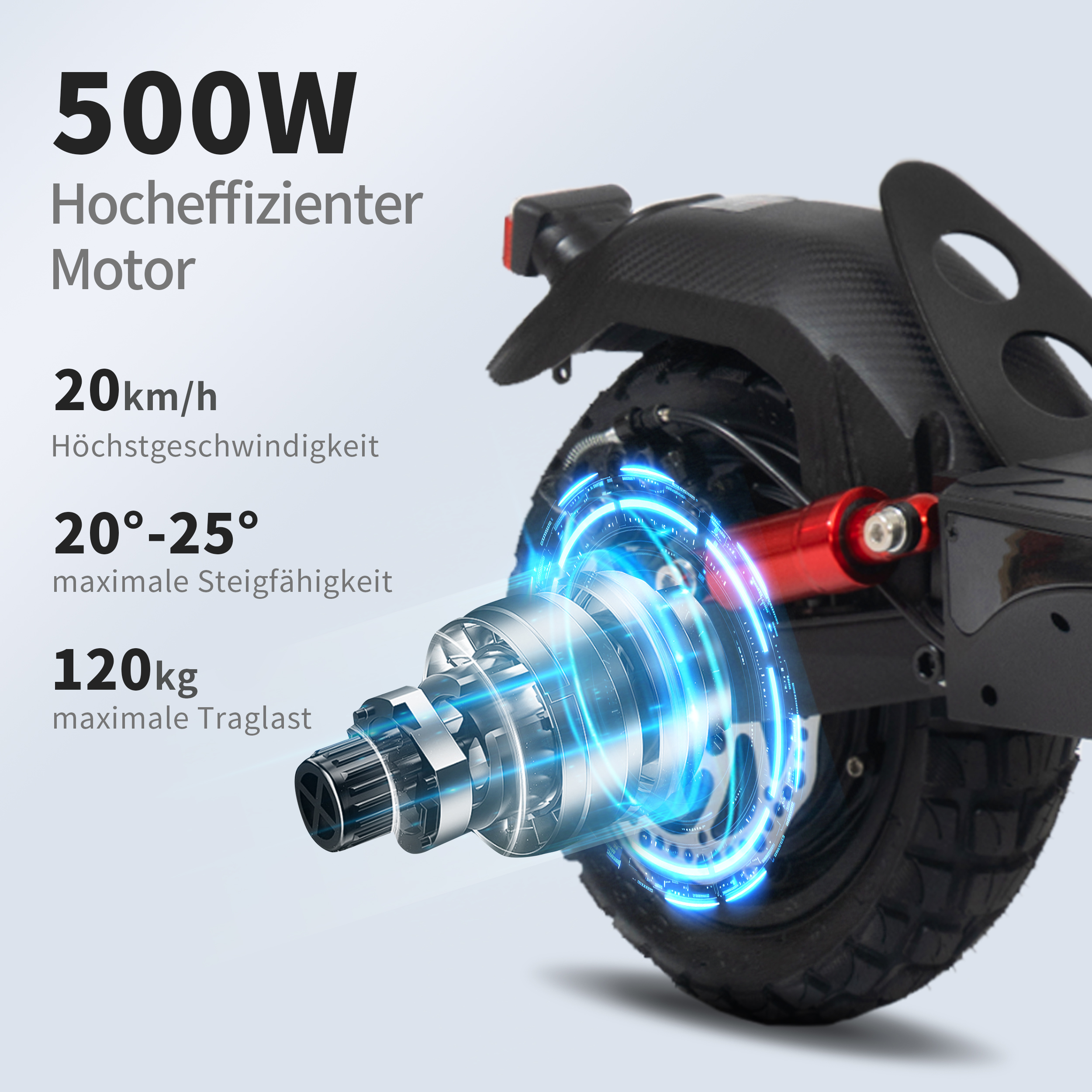 500W Motor mit 20km/h, 20-25° Steigung, 120kg Traglast.