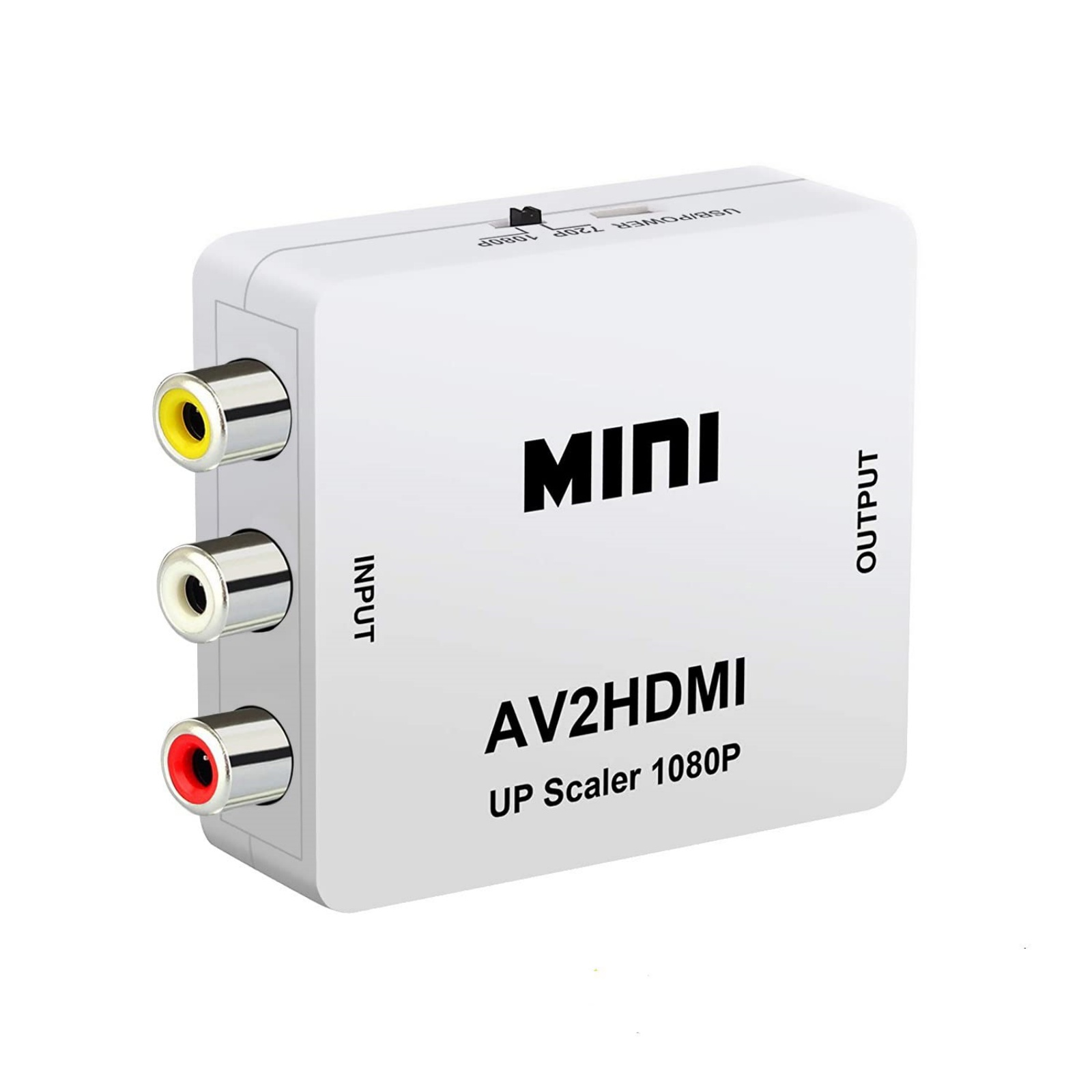 Ein weißer AV2HDMI-Konverter mit gelben, weißen und roten Eingängen und HDMI-Ausgang.