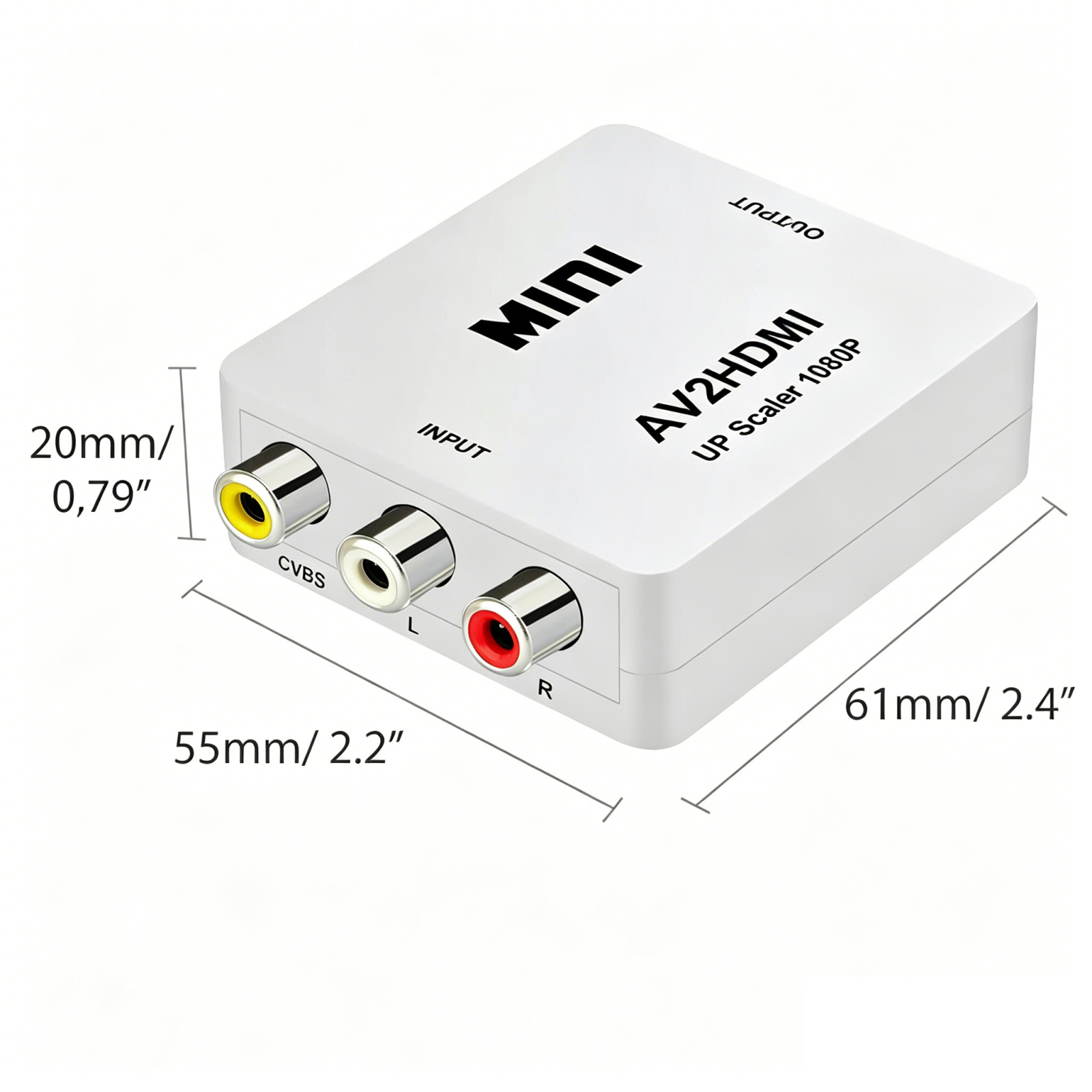 Weiße AV2HDMI-Upscaler-Box mit CVBS-, L- und R-Anschlüssen. Maße: 55x61x20mm.