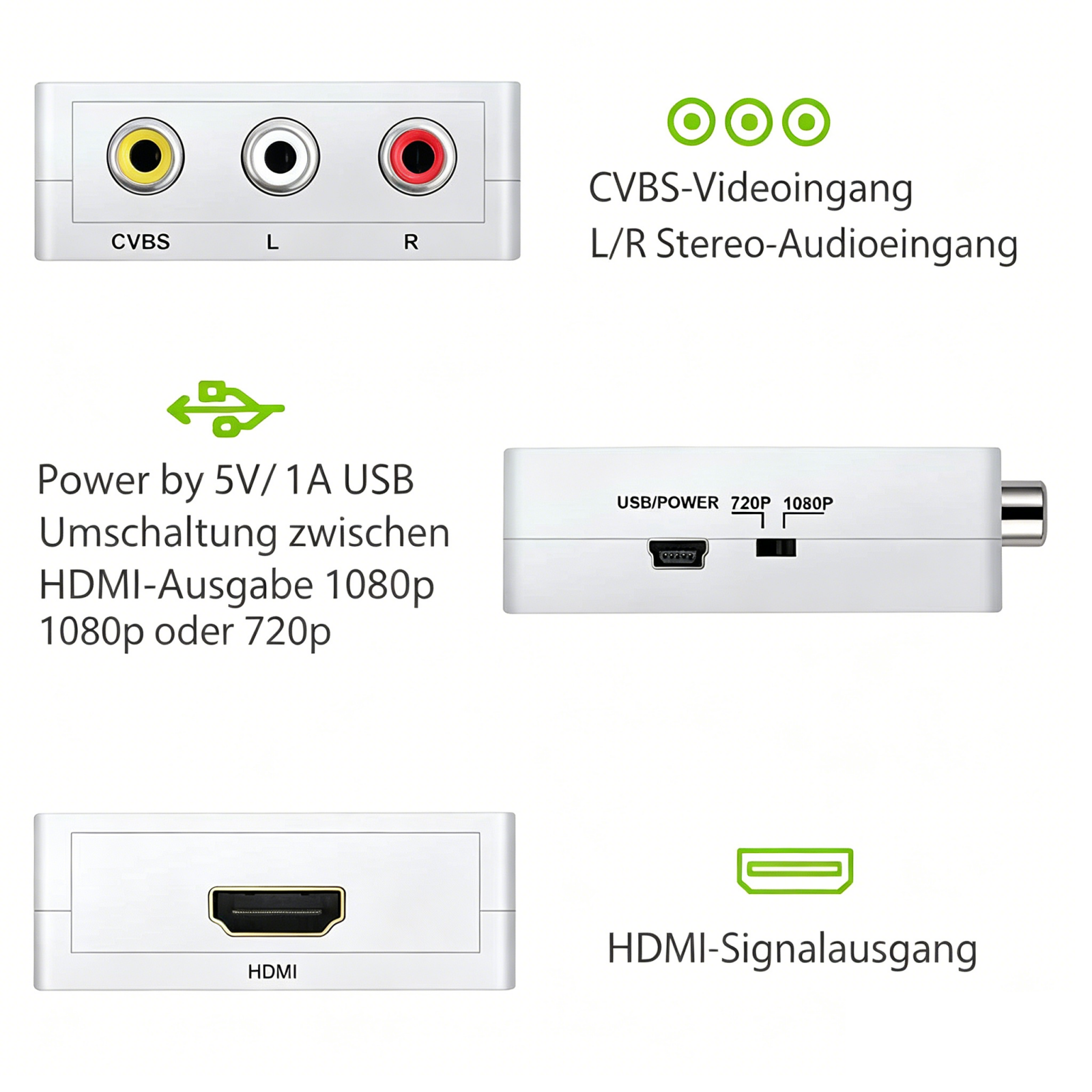 Ein weißer Konverter mit CVBS-, L/R-Audio- und HDMI-Anschlüssen. Stromversorgung über USB.