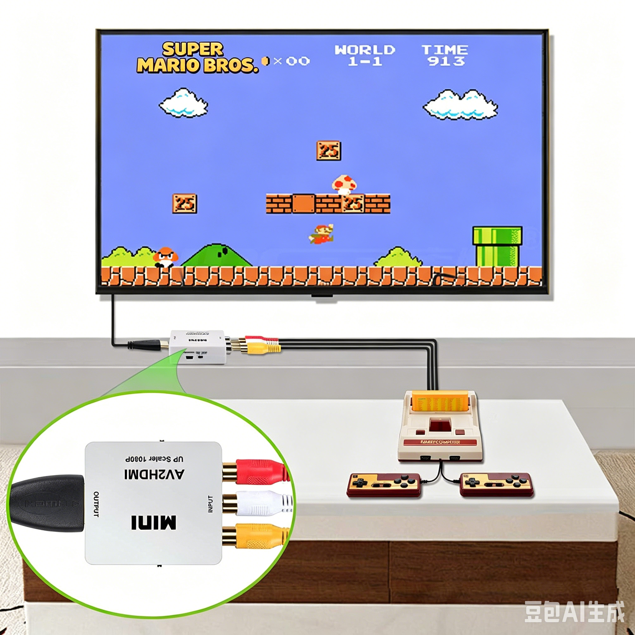 Super Mario Bros. auf einem Fernseher, angeschlossen an ein Spielgerät mit Konverter.