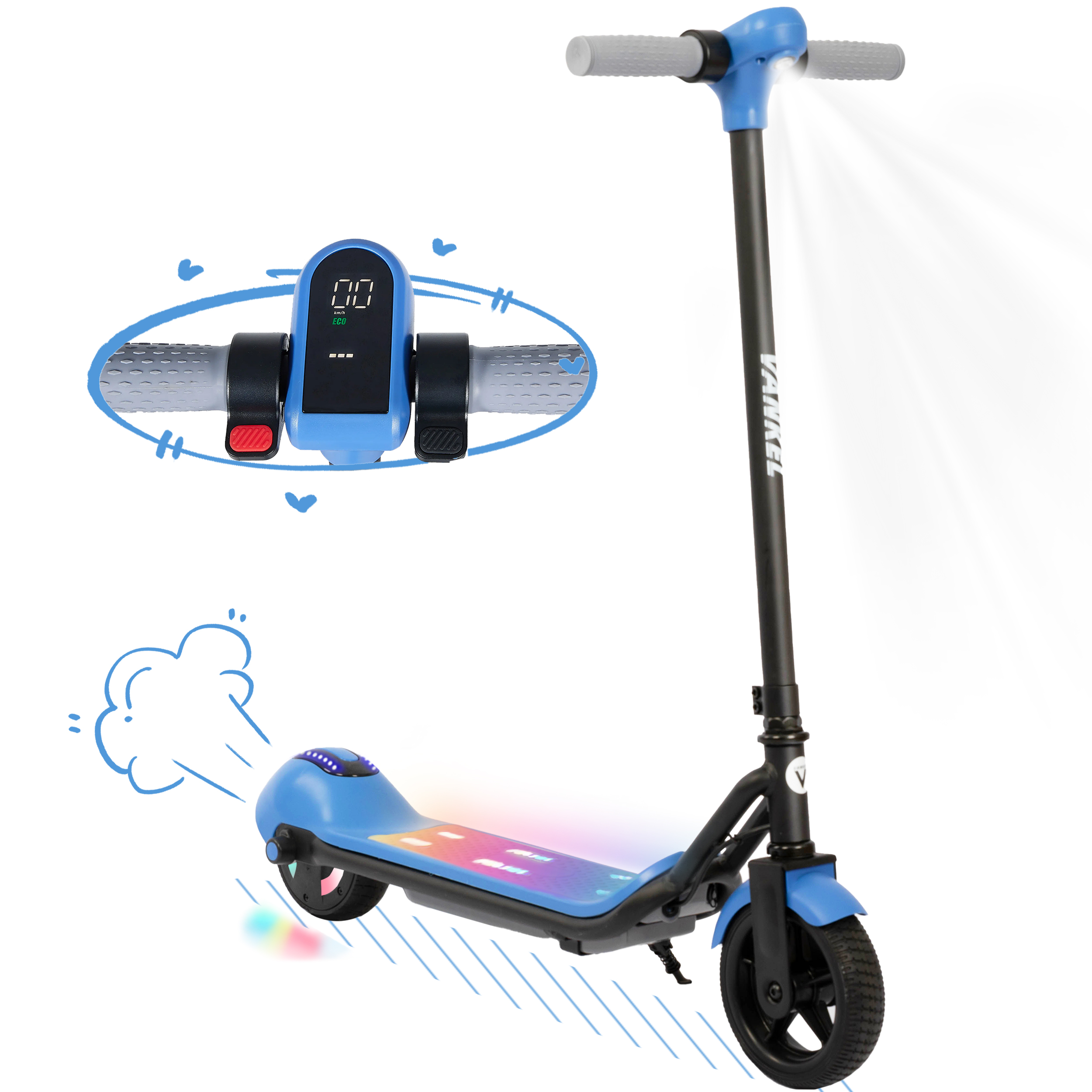 Ein blau-schwarzer Elektroroller mit Lichtern auf dem Trittbrett und am Lenker.