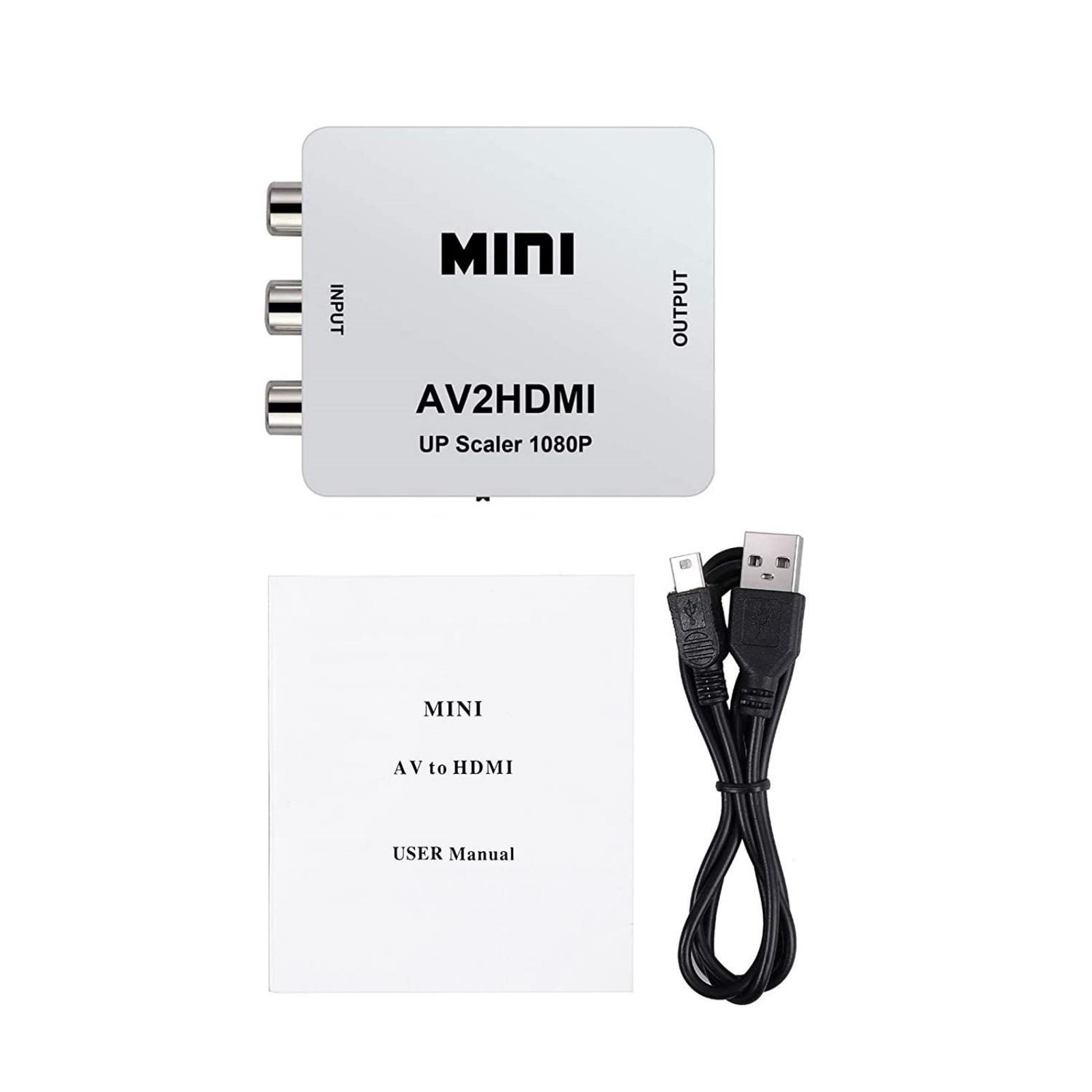Ein weißer AV-zu-HDMI-Upscaler mit USB-Kabel und Handbuch.