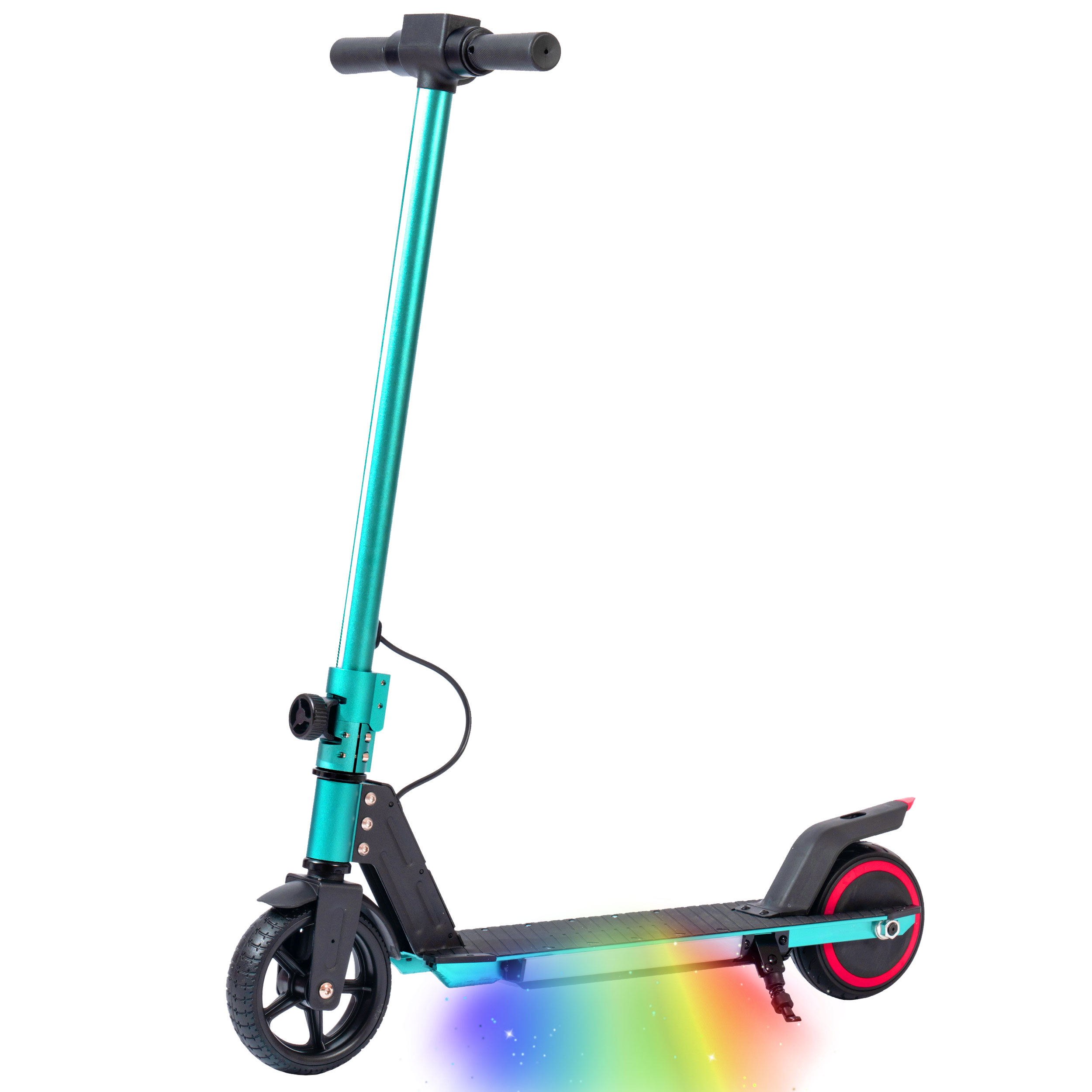 Ein türkisfarbener Elektroroller mit Regenbogen-LEDs unter dem Trittbrett und roten Akzenten am Rad.