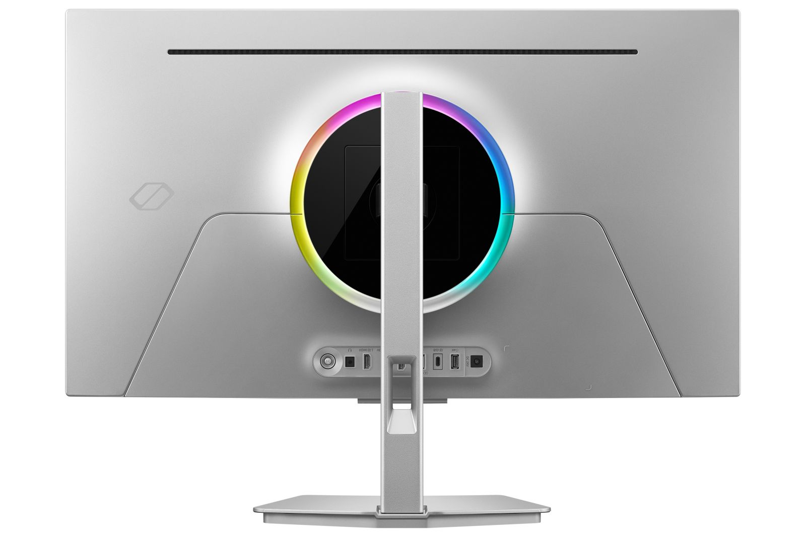 Rückseite eines silbernen Monitors mit RGB-Beleuchtung und Anschlüssen.