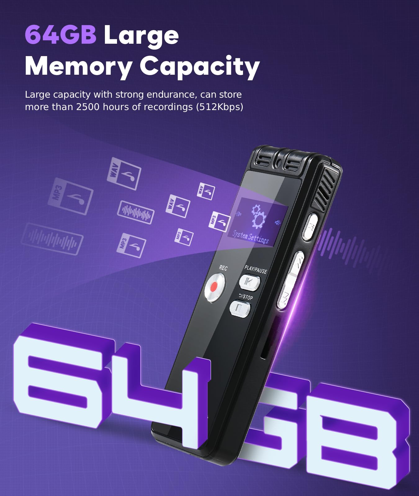 Schwarzer Diktiergerät mit 64 GB großem Speichervolumen, zeigt MP3- und WAV-Icons.