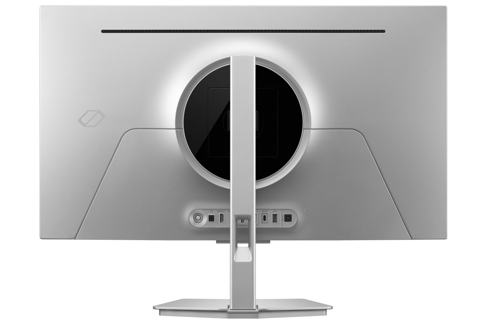 Rückansicht eines silbernen Monitorständers mit Anschlüssen und rundem Design.