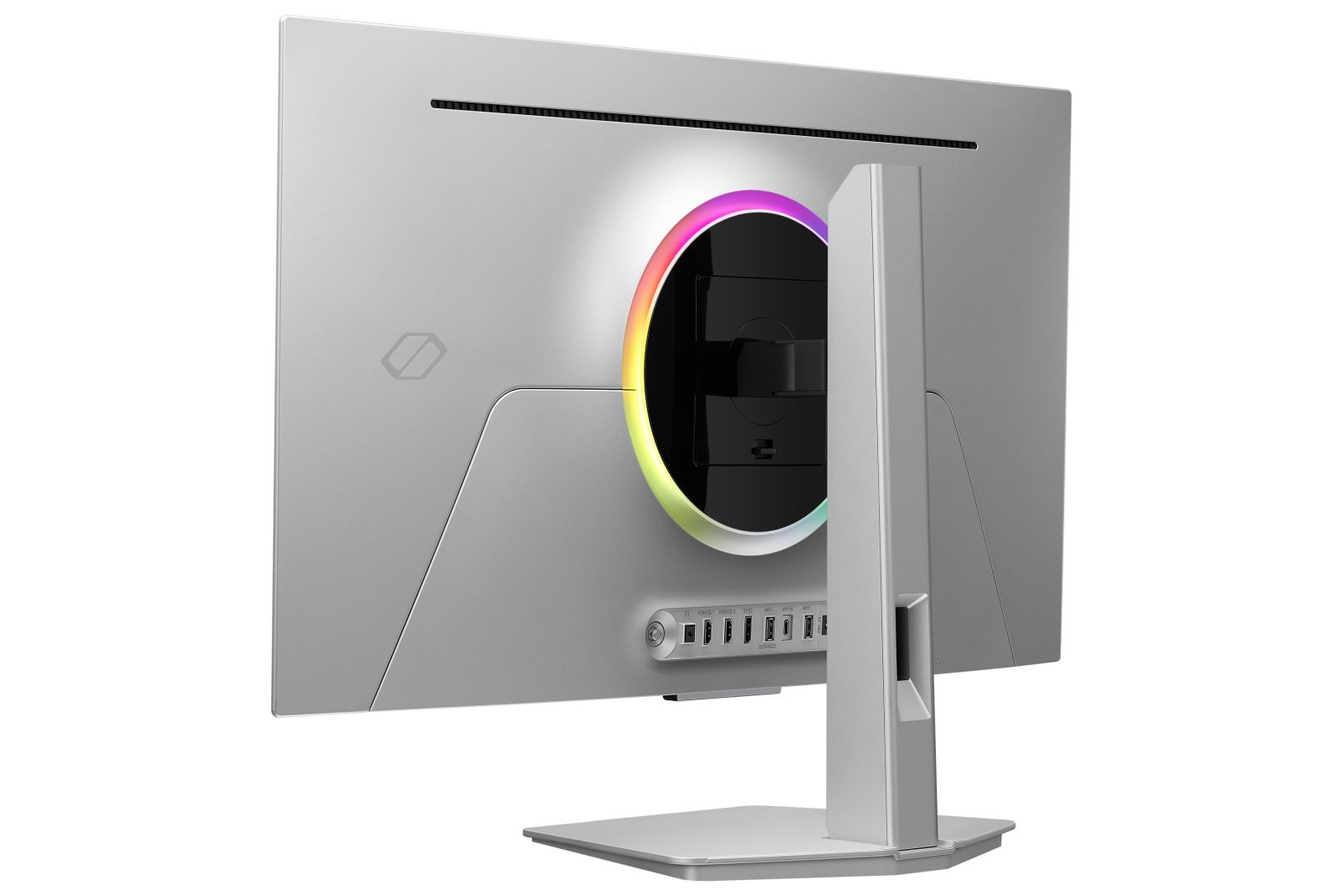 Rückansicht eines silbernen Monitors mit RGB-Beleuchtungsring und Anschlüssen.