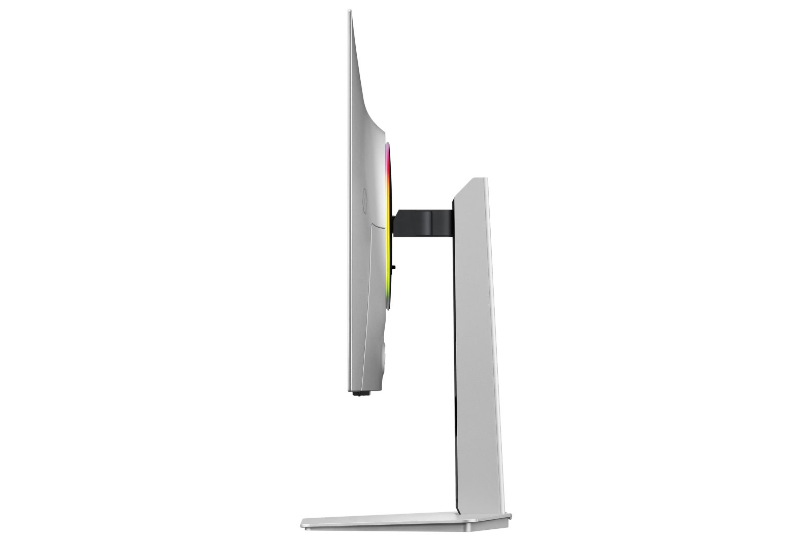 Silberner Computermonitor von der Seite mit RGB-Lichtstreifen auf der Rückseite.