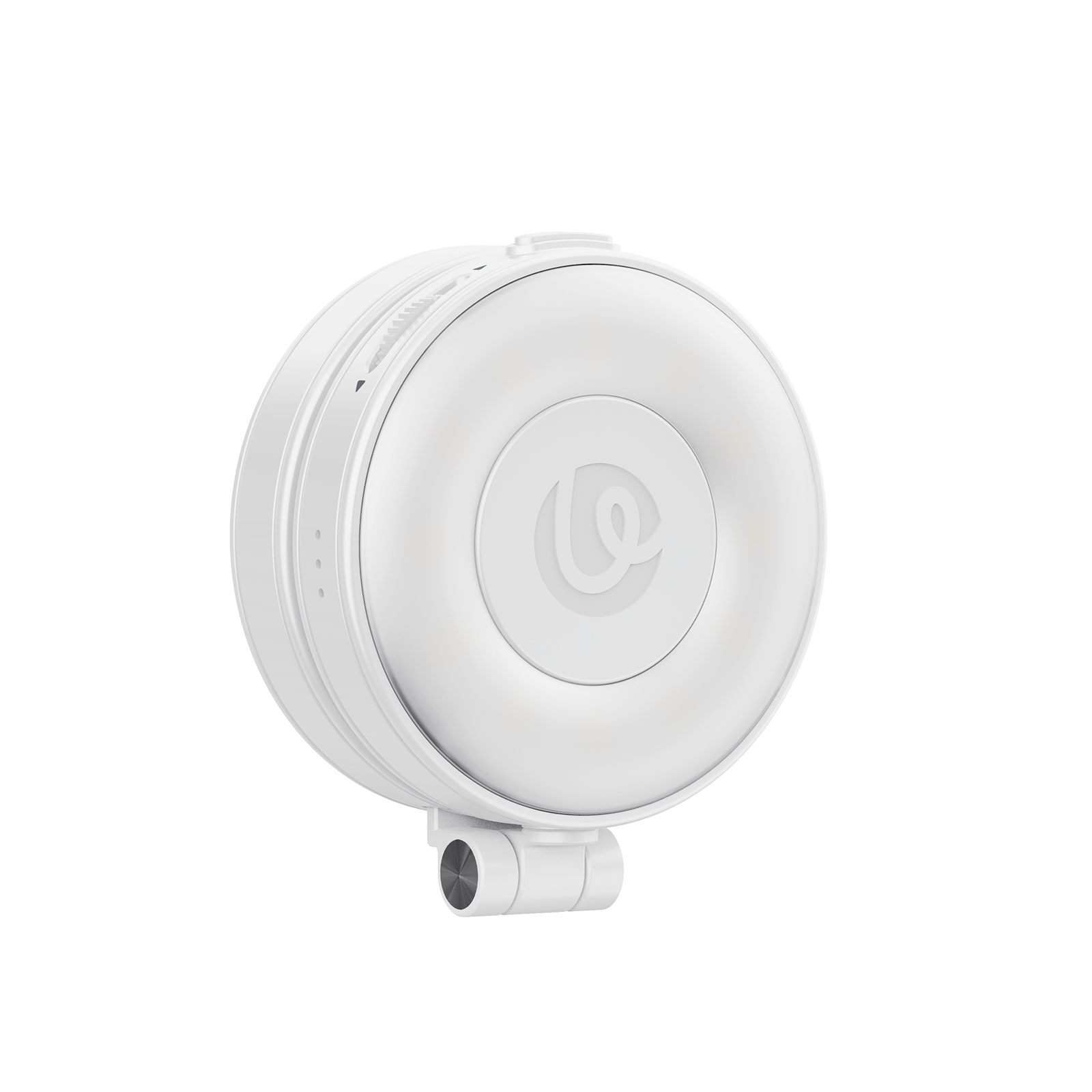 A white, round device with a recess and a logo in the center.