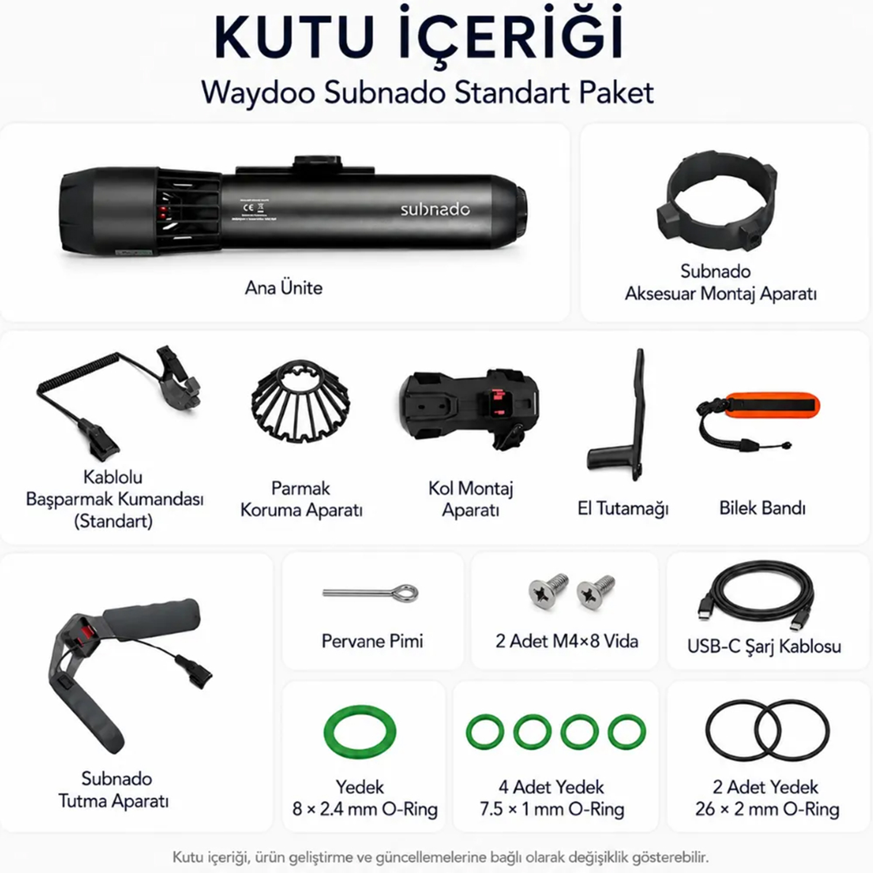 Waydoo Subnado Standart Paket İçeriği: Ana ünite, aksesuar montaj aparatı, kumanda, parmak koruma, kol montaj, el tutamağı, bilek bandı, pervane pimi, vidalar, USB-C kablo, O-ringler.