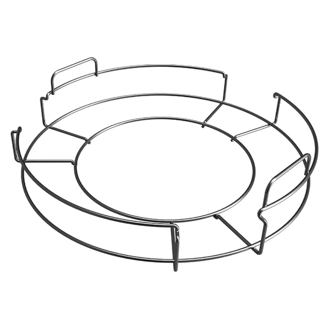 Trivet olarak hizmet veren, kulplu yuvarlak, gümüş metal raf.