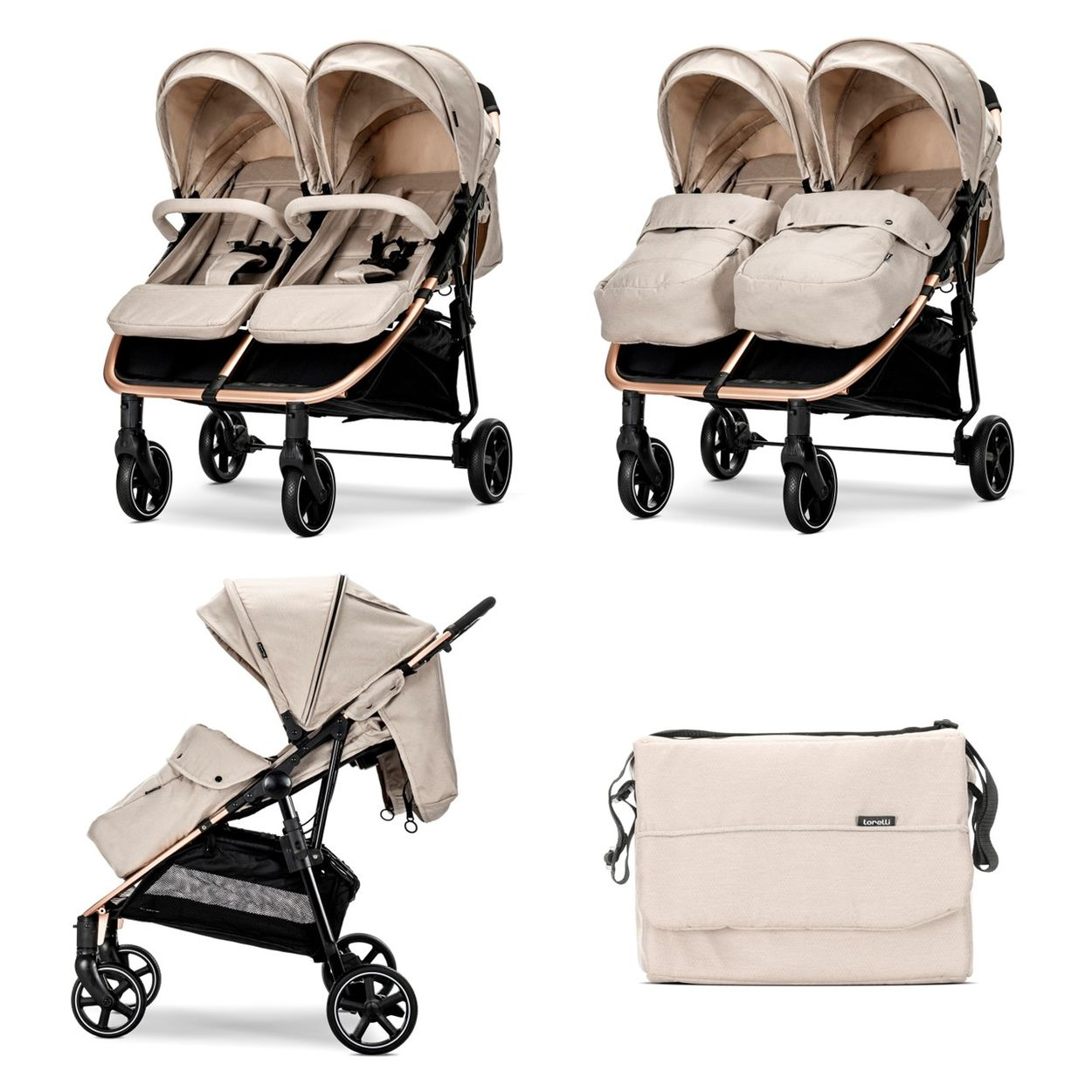 Zwei beige Kinderwagen nebeneinander, ein einzelner Kinderwagen und eine Wickeltasche.