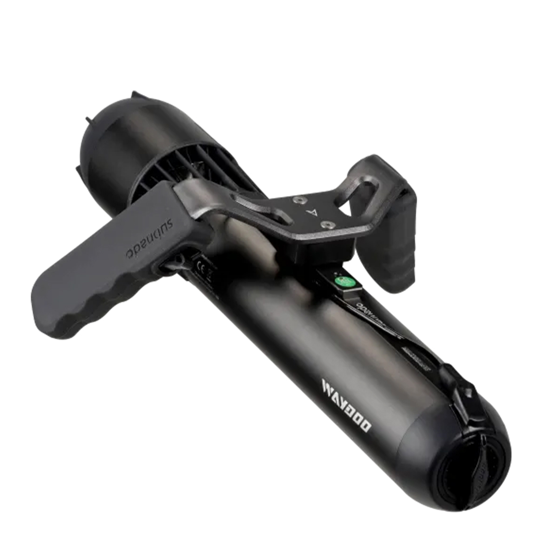 Siyah, tutamaklı ve WAYDOO logolu su altı scooter.