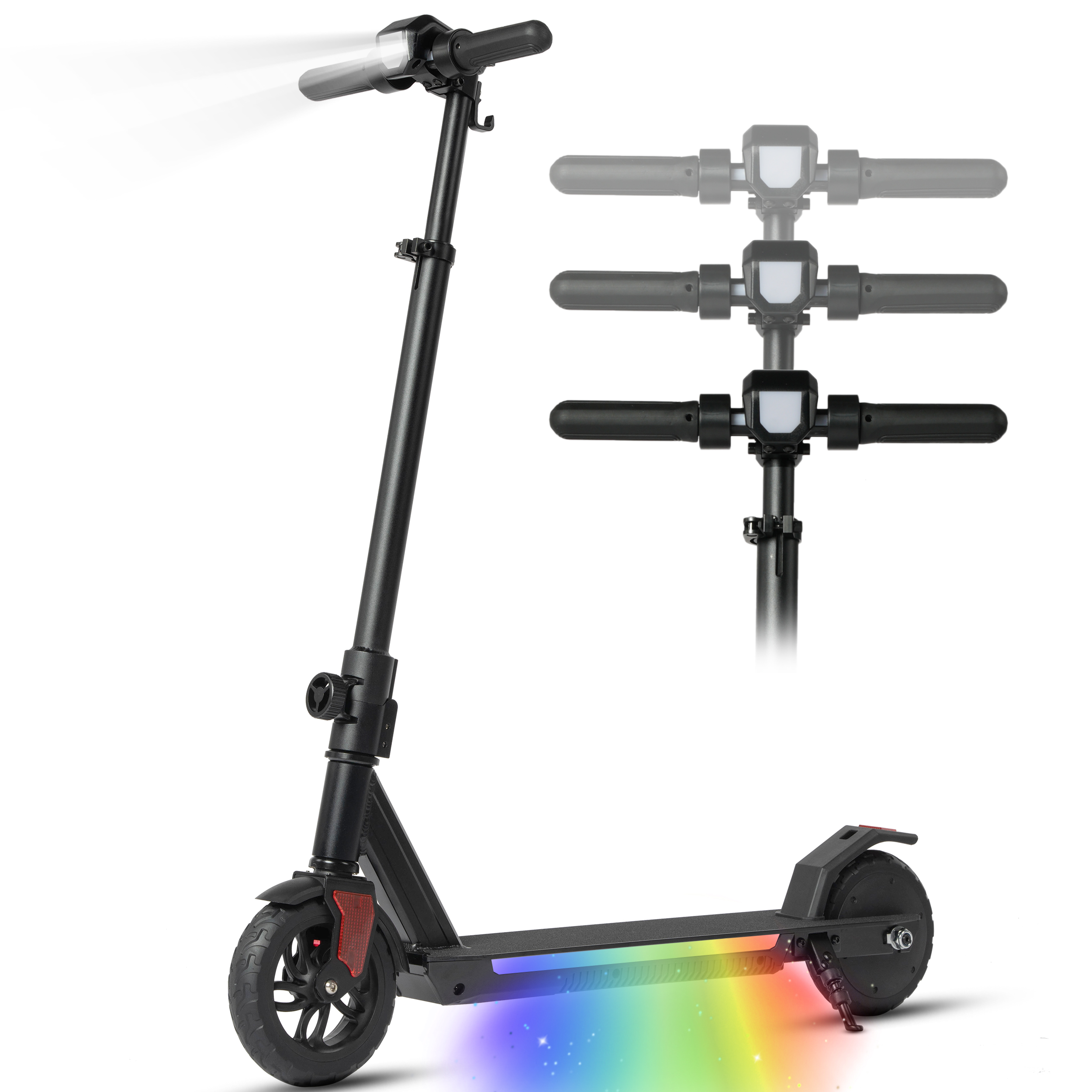 Schwarzer Elektroroller mit Regenbogen-LEDs und Scheinwerfer.