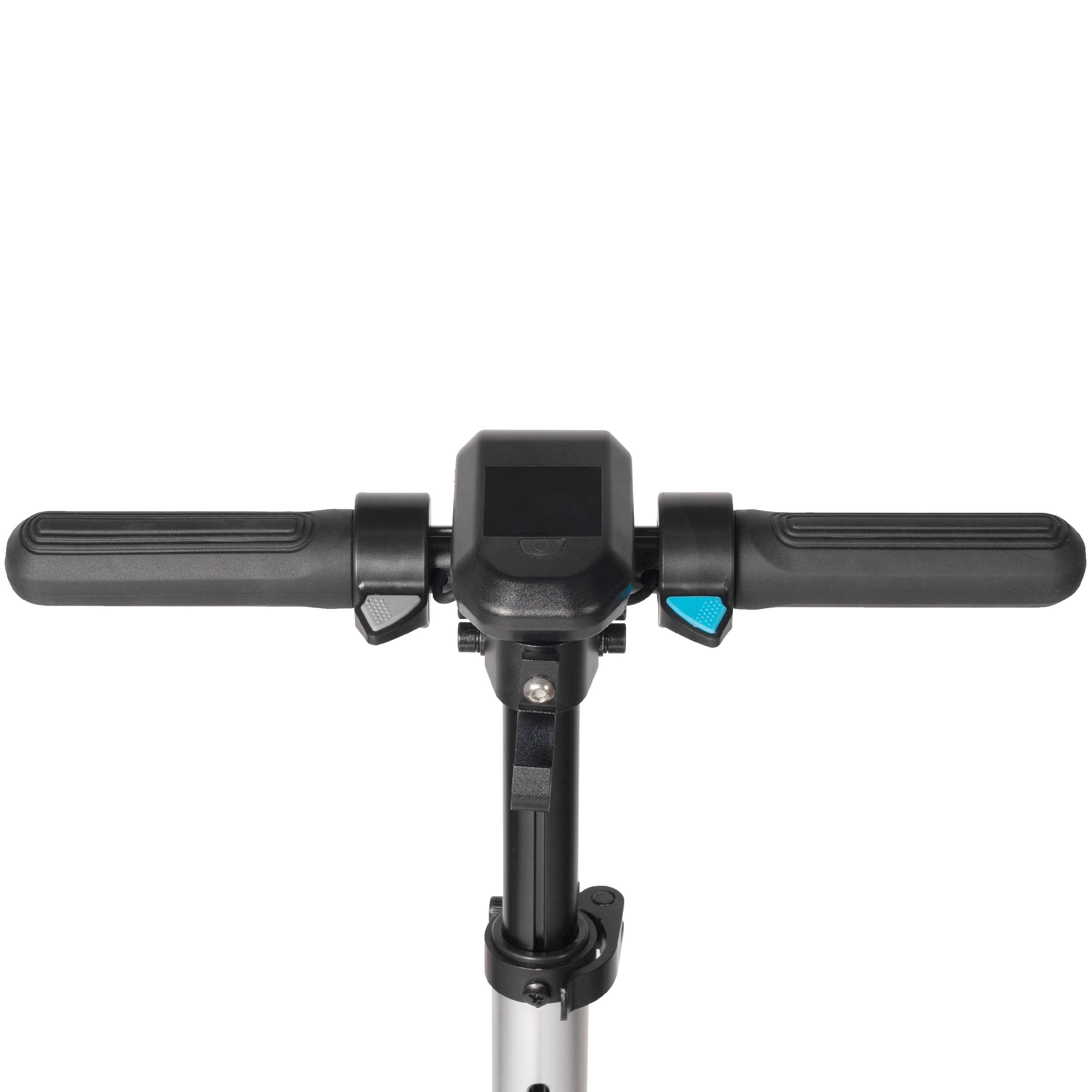 Lenker eines Elektrorollers mit Display und Griffen.
