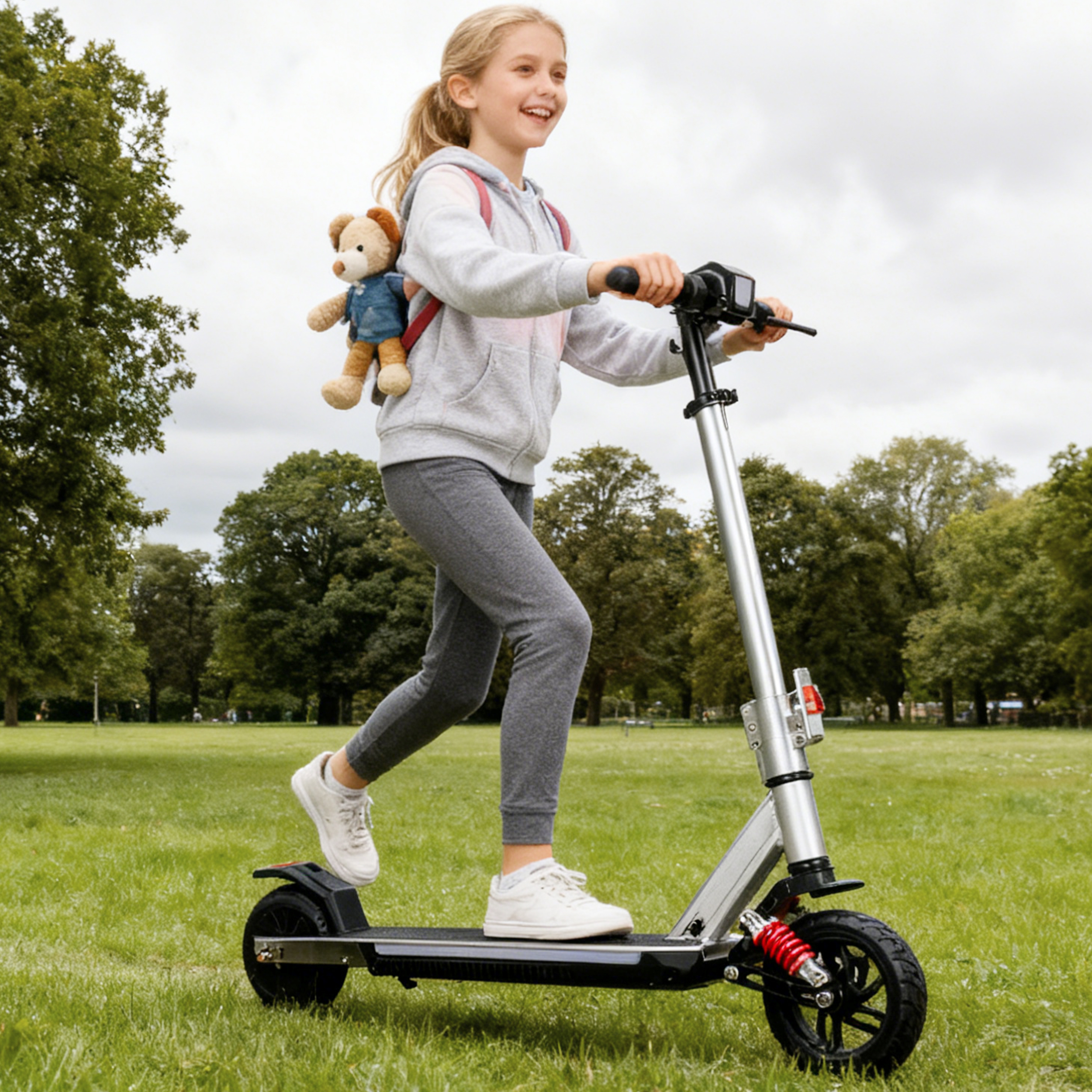 Ein Mädchen fährt einen E-Scooter im Park mit einem Teddybär auf dem Rücken.