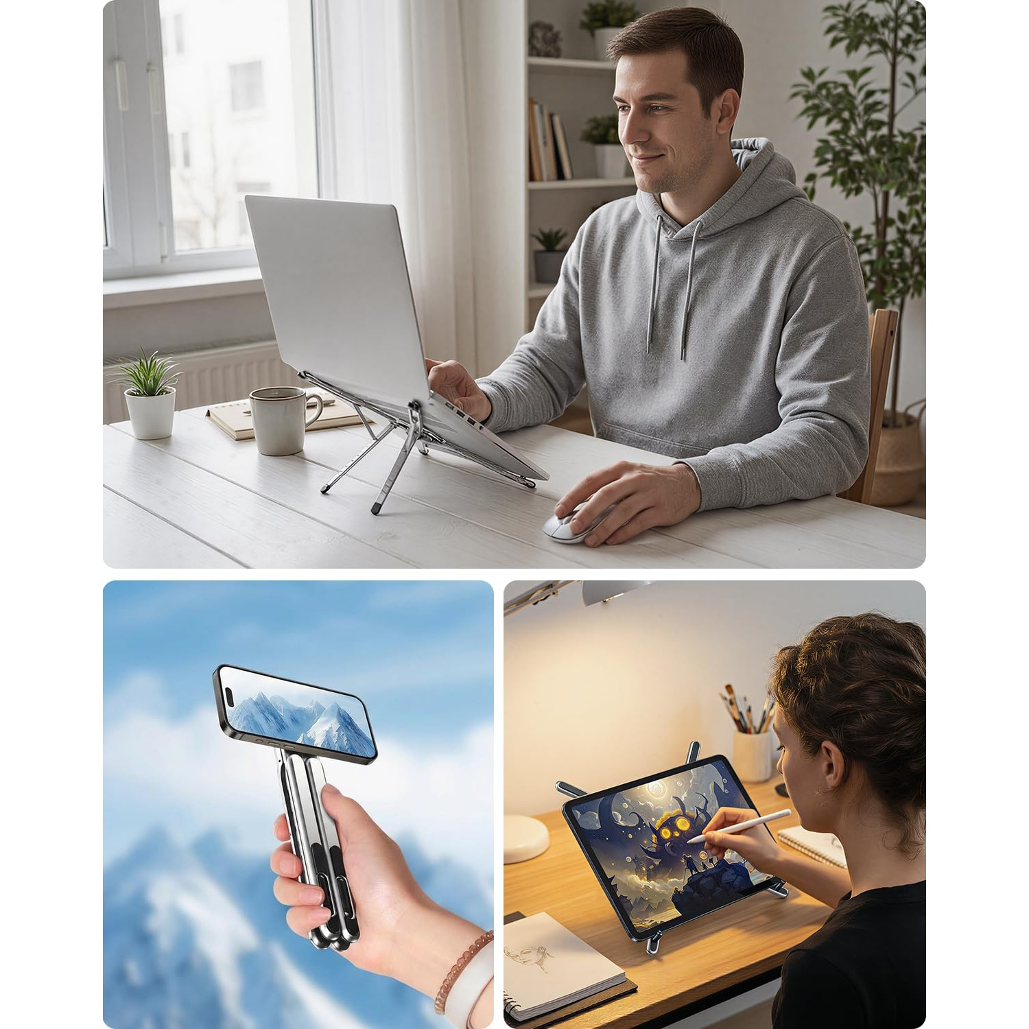 Mann am Laptop, Hand hält Handy, Person zeichnet auf Tablet.