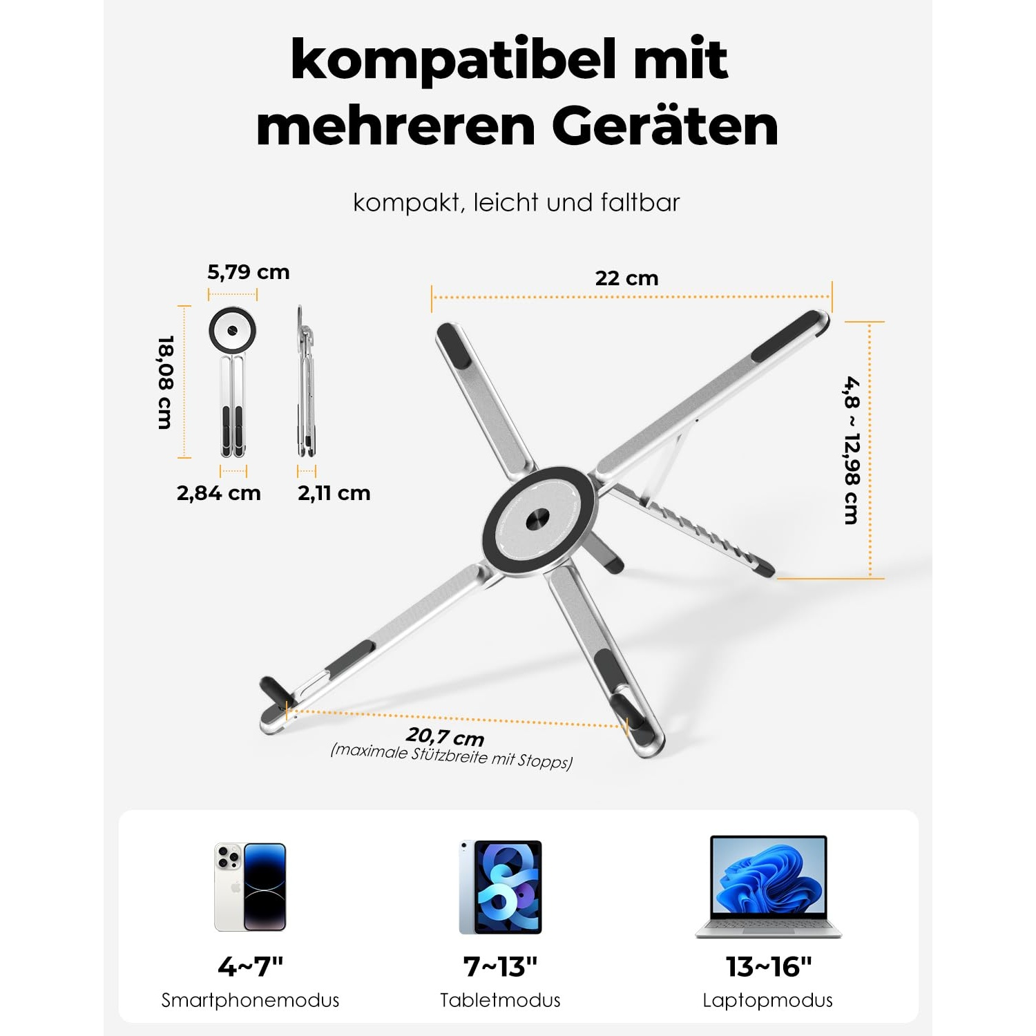 Ein silberner Laptop-Ständer mit Maßen, der für Smartphones, Tablets und Laptops geeignet ist.