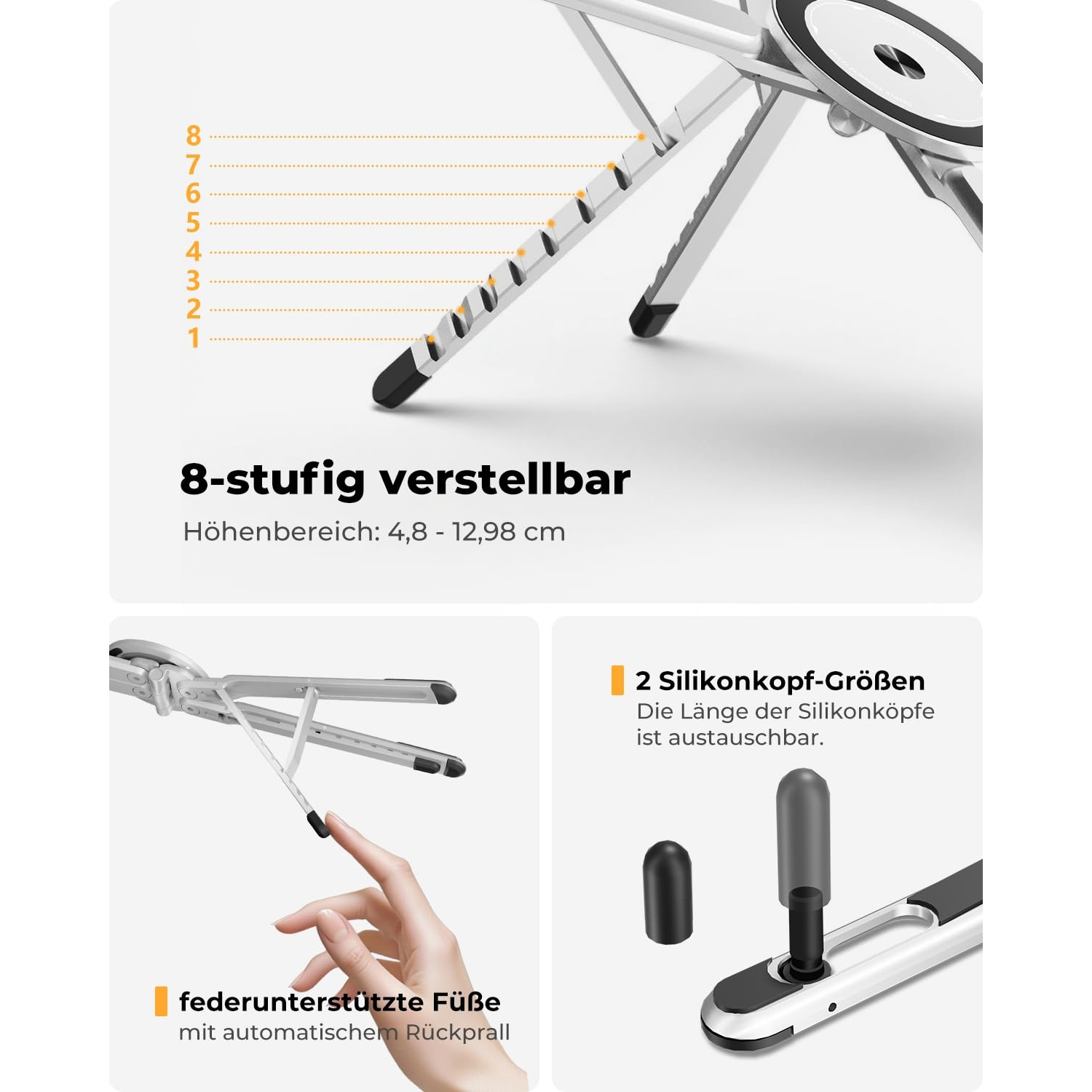 Ein verstellbarer Laptopständer mit 8 Stufen, der auf 4,8-12,98 cm eingestellt werden kann.